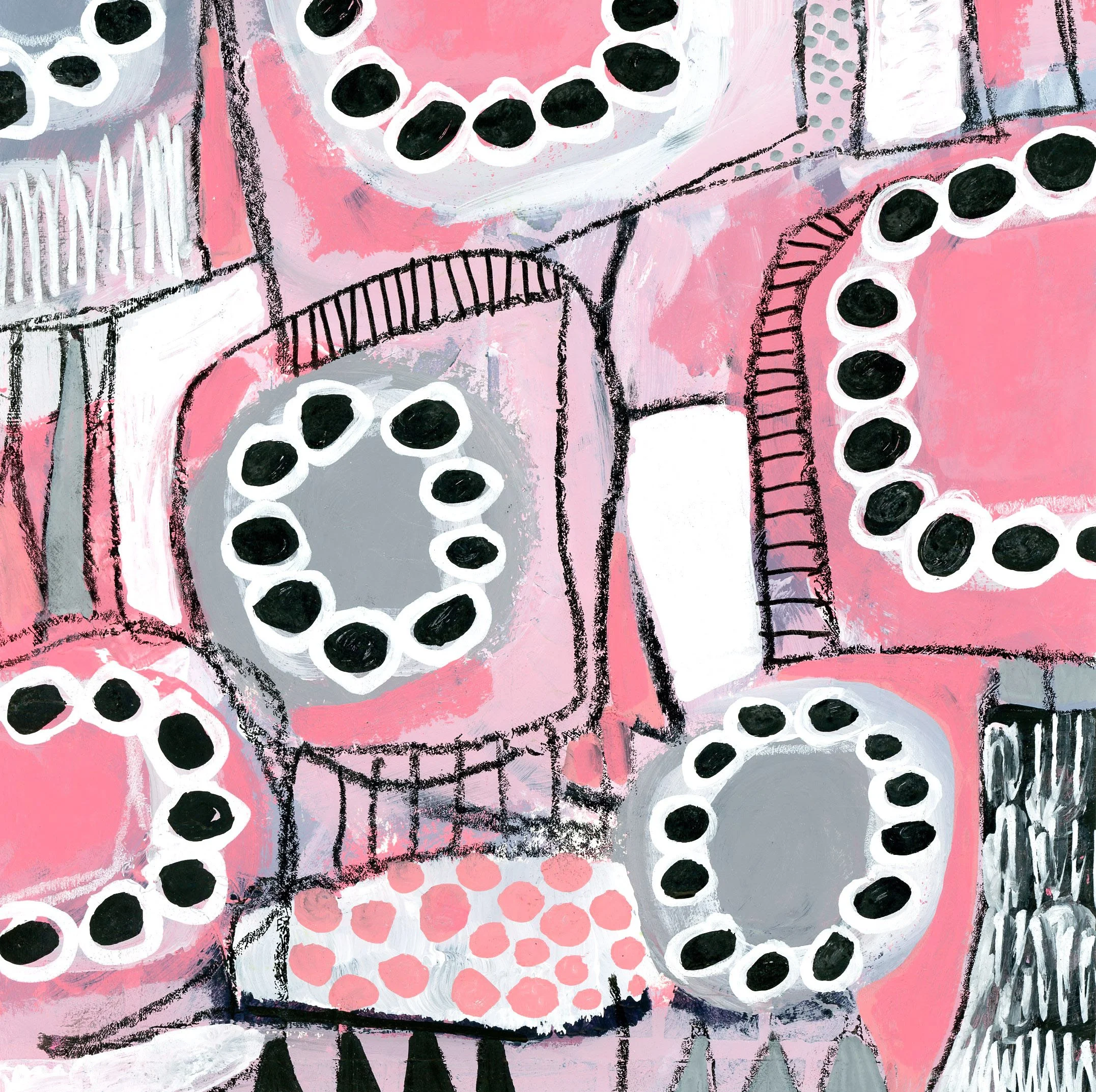 Abstract artwork featuring pink, gray, black, and white colors with circular patterns outlined in white, some filled with black, and various textured brushstrokes and lines.
