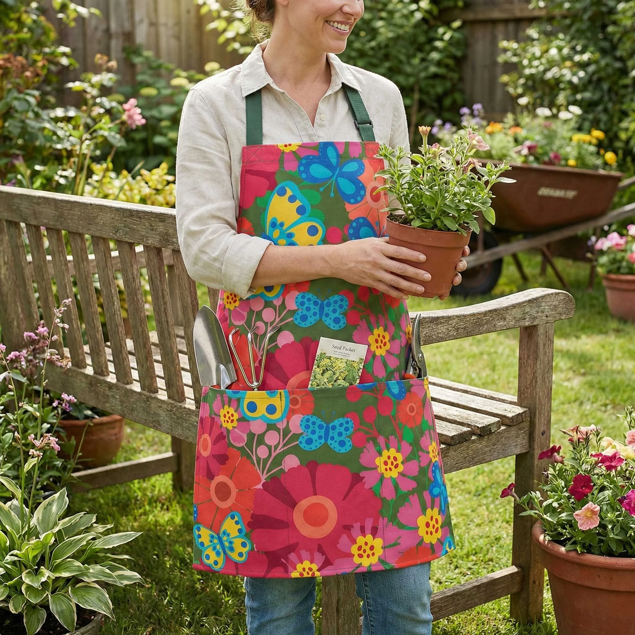 woman wearing a bright, bold and colorful apron in butterfly garden pattern filled iwth florals and butterflies in blues, oranges, pinks yellows and deep reds