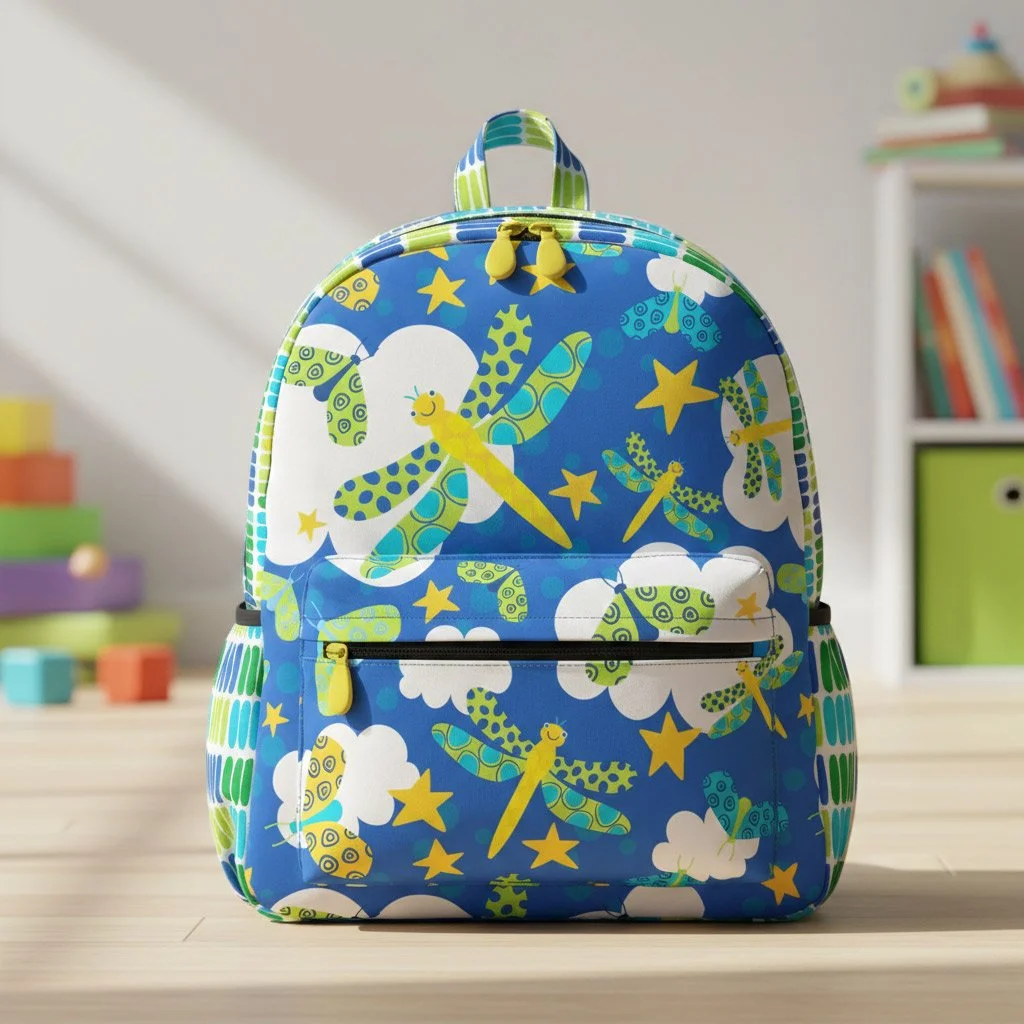 dragonfly patterned baclkpack created using hazel and henriettas dragonfly at night whimsical pattern