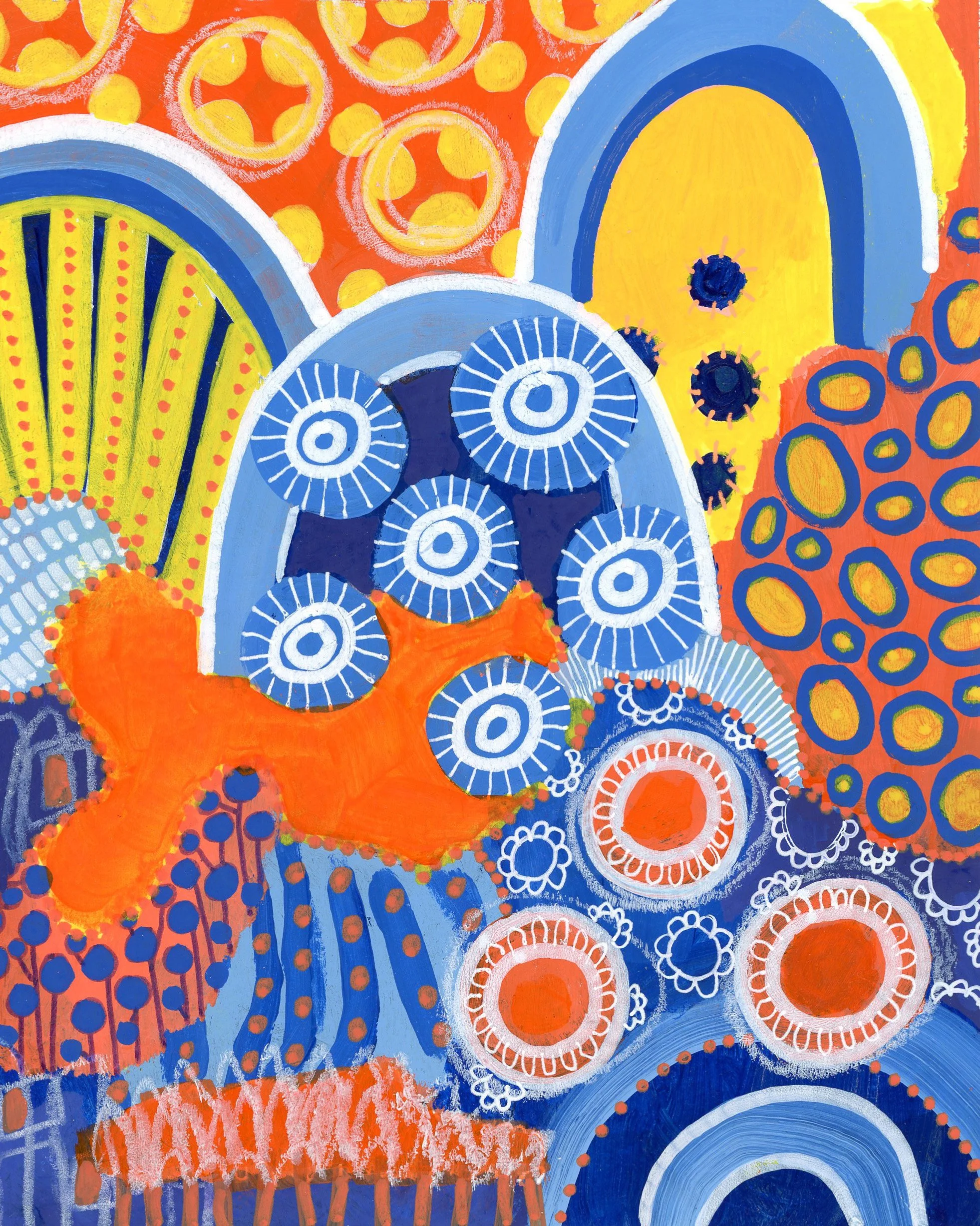 Abstract colorful painting with circles, stripes, and various geometric patterns in blue, orange, yellow, and white.