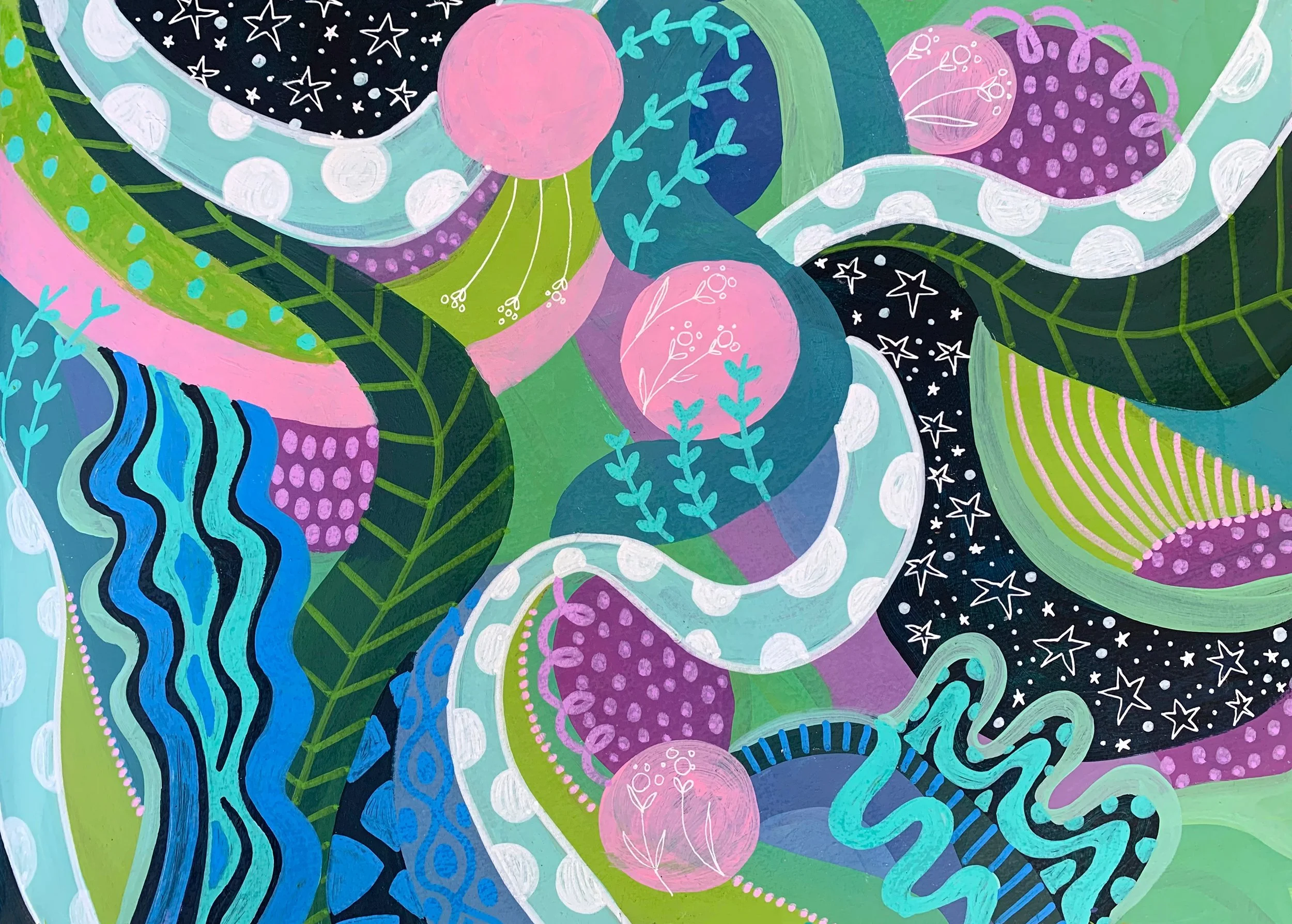 Abstract painting with swirling patterns, large pink and purple circles, black background filled with white stars, green and blue leafy shapes, and various wavy lines in shades of blue, green, pink, and purple.