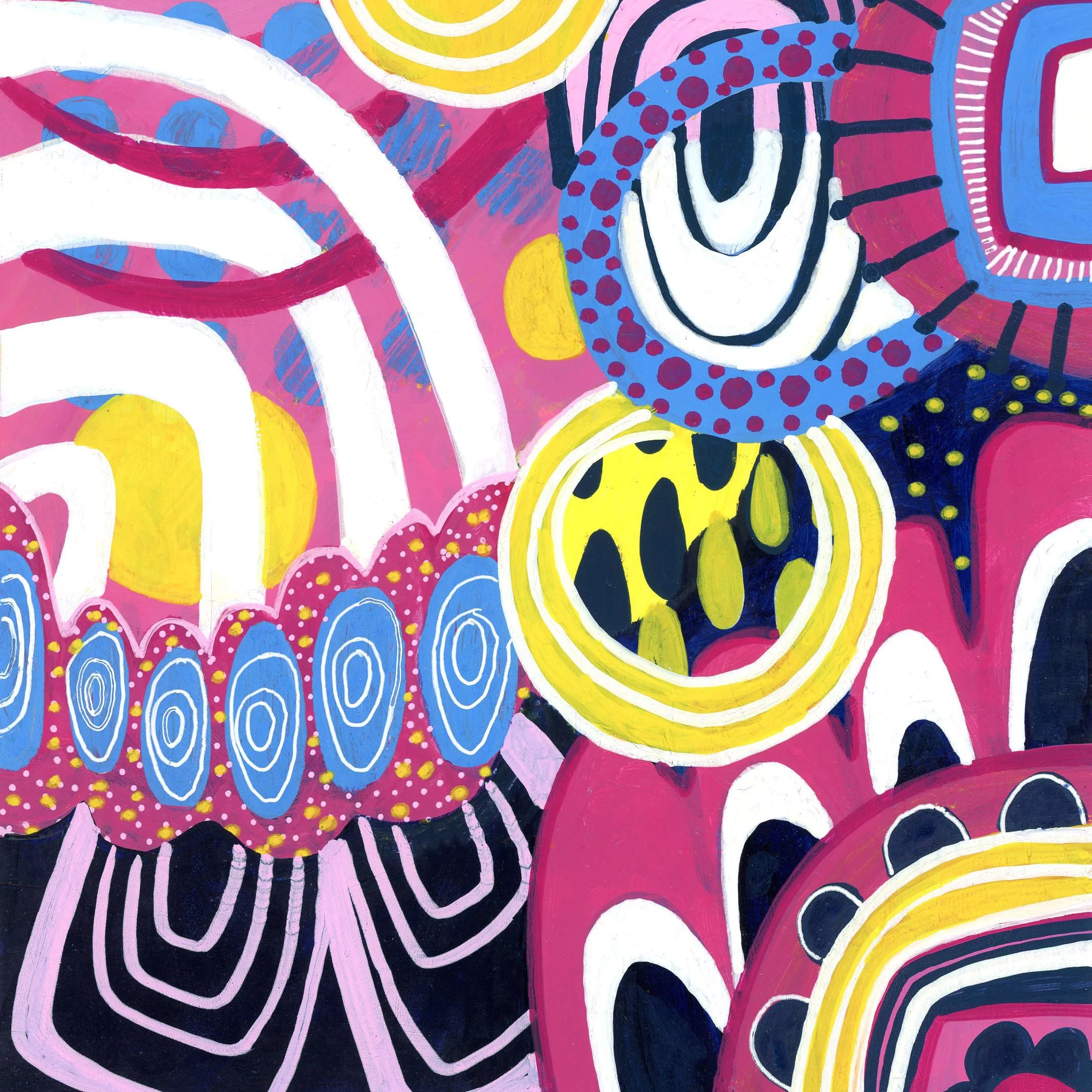 Abstract colorful painting with various shapes and patterns including eyes, circles, and curved lines in pink, yellow, blue, black, and white.