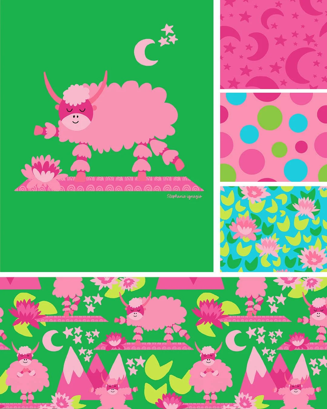 hazel and henrietta surface deisgn collection featuring fluffy pink yaks doing yoga. Crescent moon, stars and lotus flower coordinating prints fill out the collection.