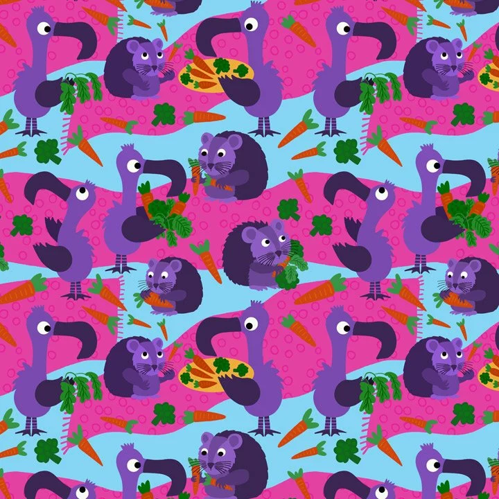 Whimsical animal and vegetable pattern featuring playful birds and woodland creatures enjoying carrots and leafy greens. Designed in a bold, kid-friendly color palette of purples, pinks, blues, and greens, this cheerful surface pattern is ideal for c