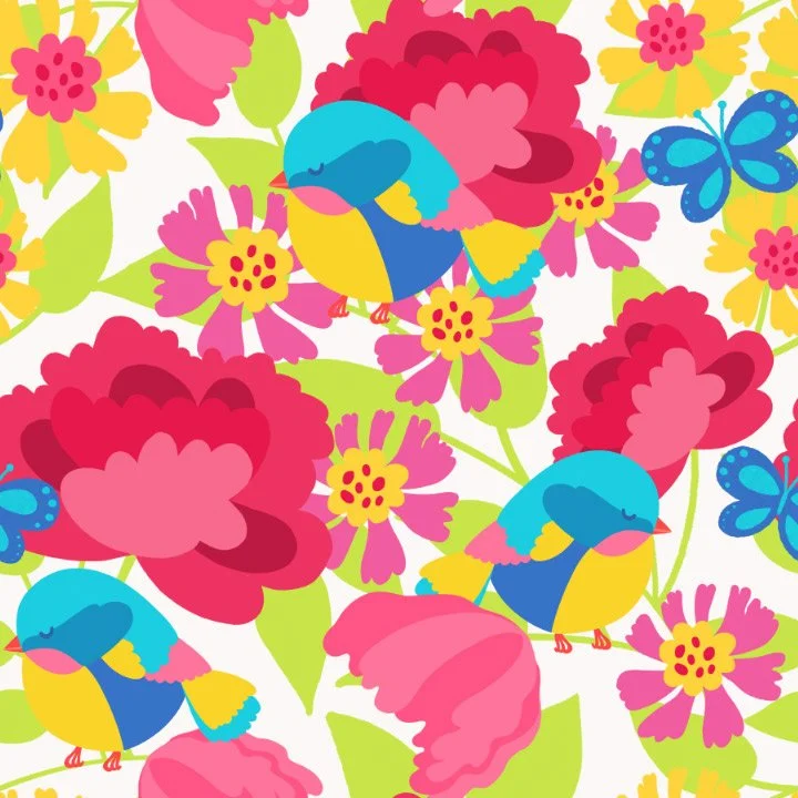 Bright colored pattern featuring pink and red flowers, green leaves, blue and yellow birds, and small blue butterflies on a white background.