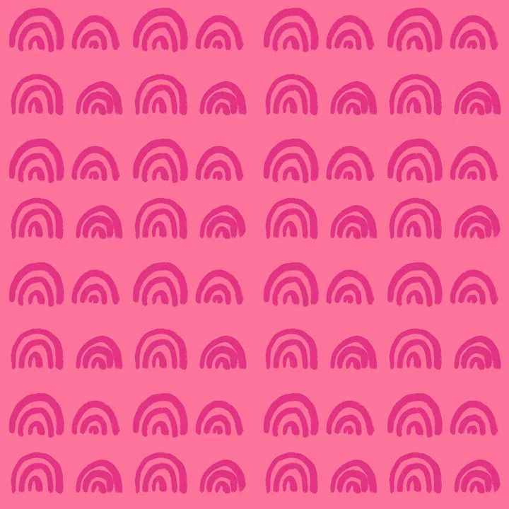 Bright rainbow arch pattern with repeating curved shapes in pink tones, inspired by movement and balance, designed as a modern coordinating fabric.