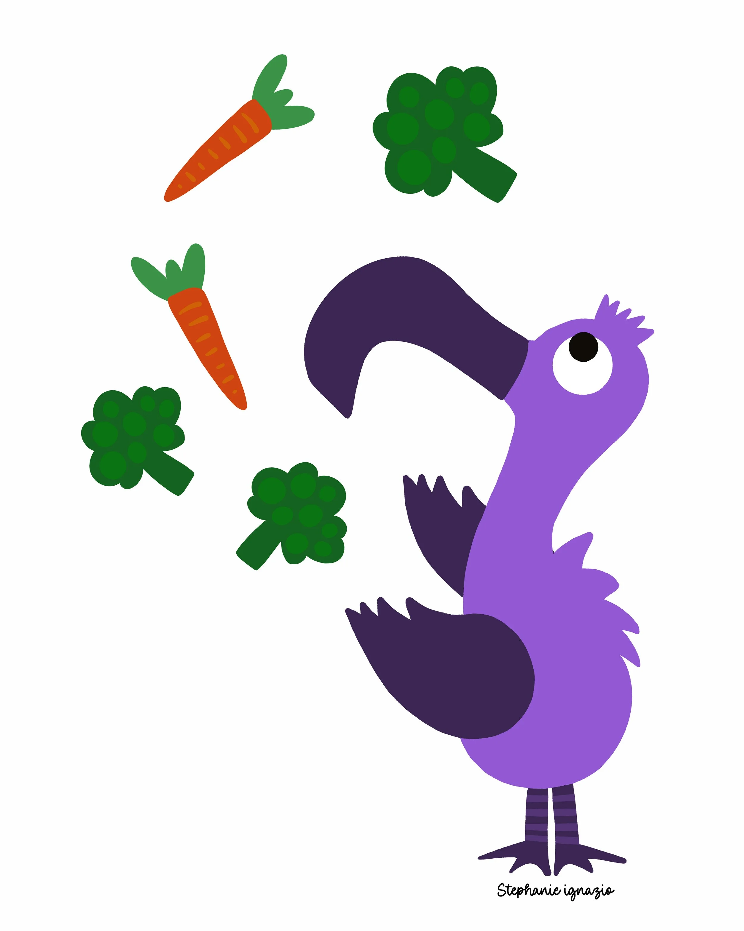 Playful vulture illustration juggling colorful vegetables, including carrots and broccoli, in a whimsical, food-forward design. This hero placement illustration is ideal for children’s products, educational content, food packaging, kitchen goods, sta