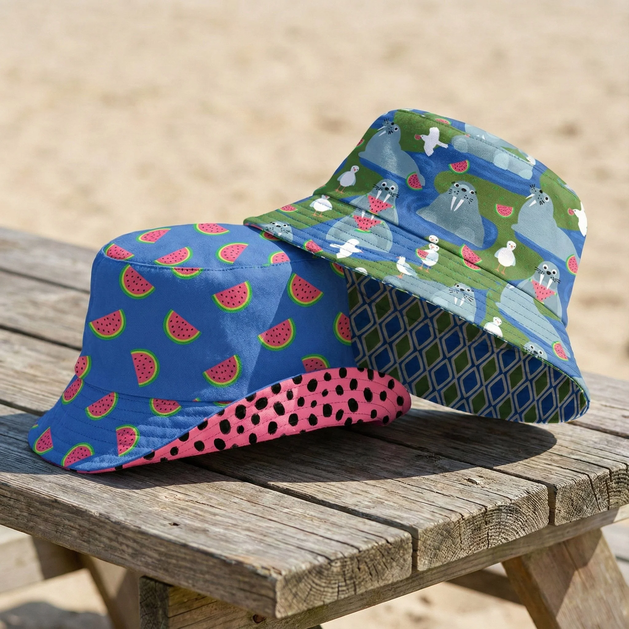 Reversible bucket hats featuring Watermelon Whiskers surface pattern designs, including playful walrus illustrations, watermelon slice prints, geometric lattice patterns, and seed-inspired dot accents in blue, green, and pink.Watermelon Whiskers surf