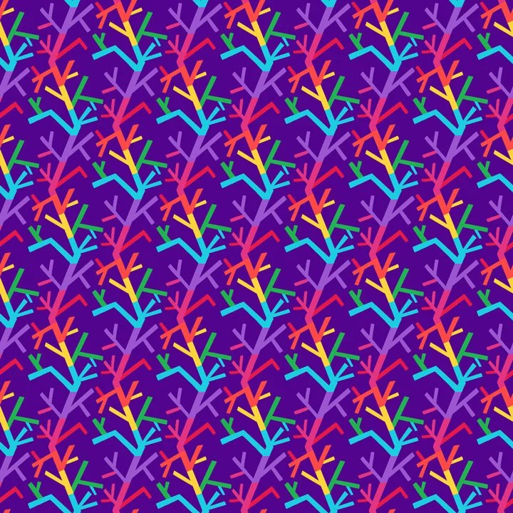 Playful abstract branch pattern featuring colorful geometric shapes in bright rainbow hues on a purple background. This modern, rhythmic design is ideal for children’s fabric, apparel, quilting cotton, stationery, gift wrap, home décor, and surface p
