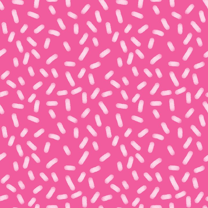 Playful abstract sprinkle pattern with hand-painted white dash marks on a bright pink background