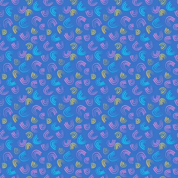 Colorful rainbow doodle pattern with hand-drawn arc shapes in pink, blue, and yellow on a blue background