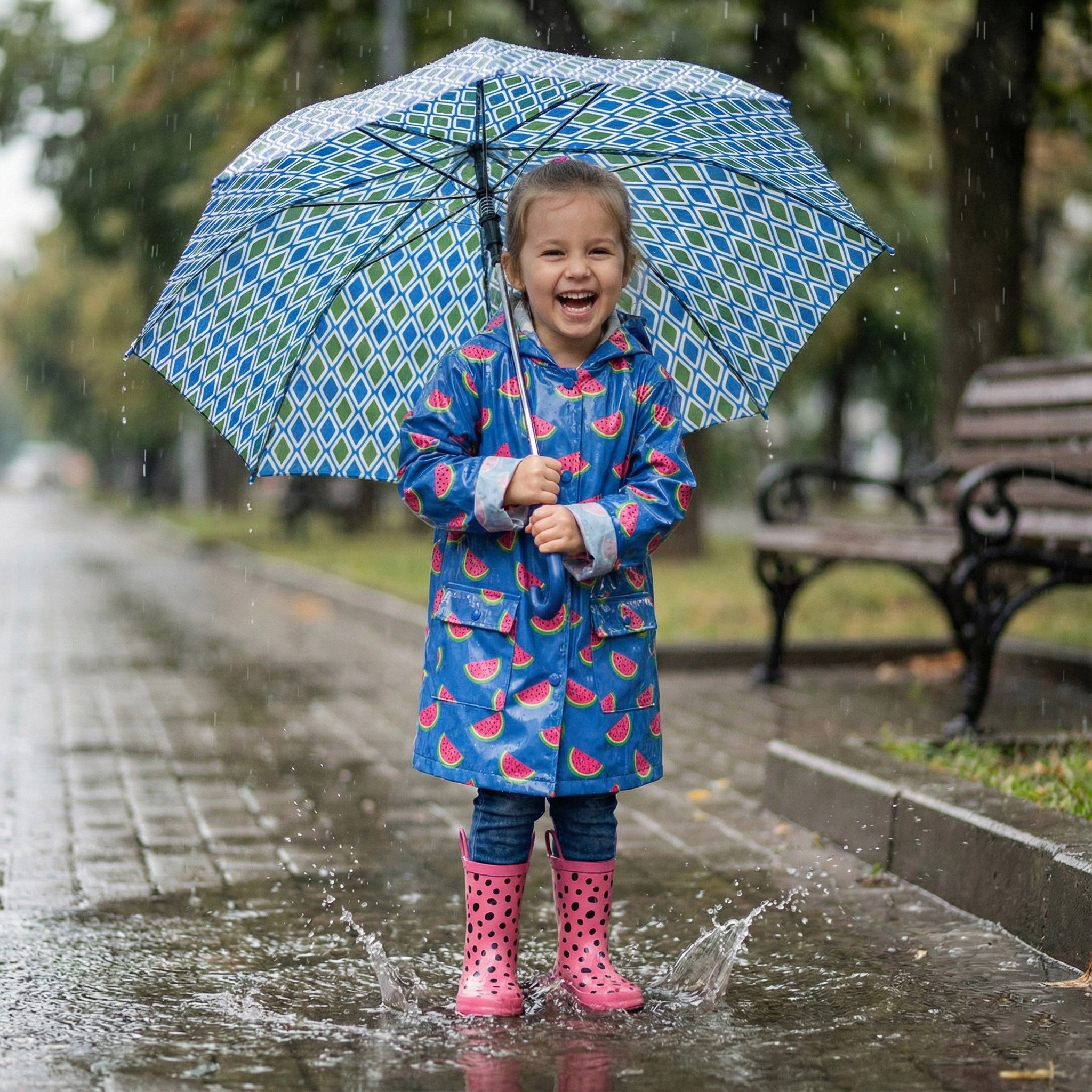Child wearing a watermelon-patterned raincoat and pink polka dot rain boots, holding a blue and green geometric umbrella while splashing in puddles on a rainy day.Watermelon Whiskers surface pattern designs shown on children’s rainwear and umbrellas,
