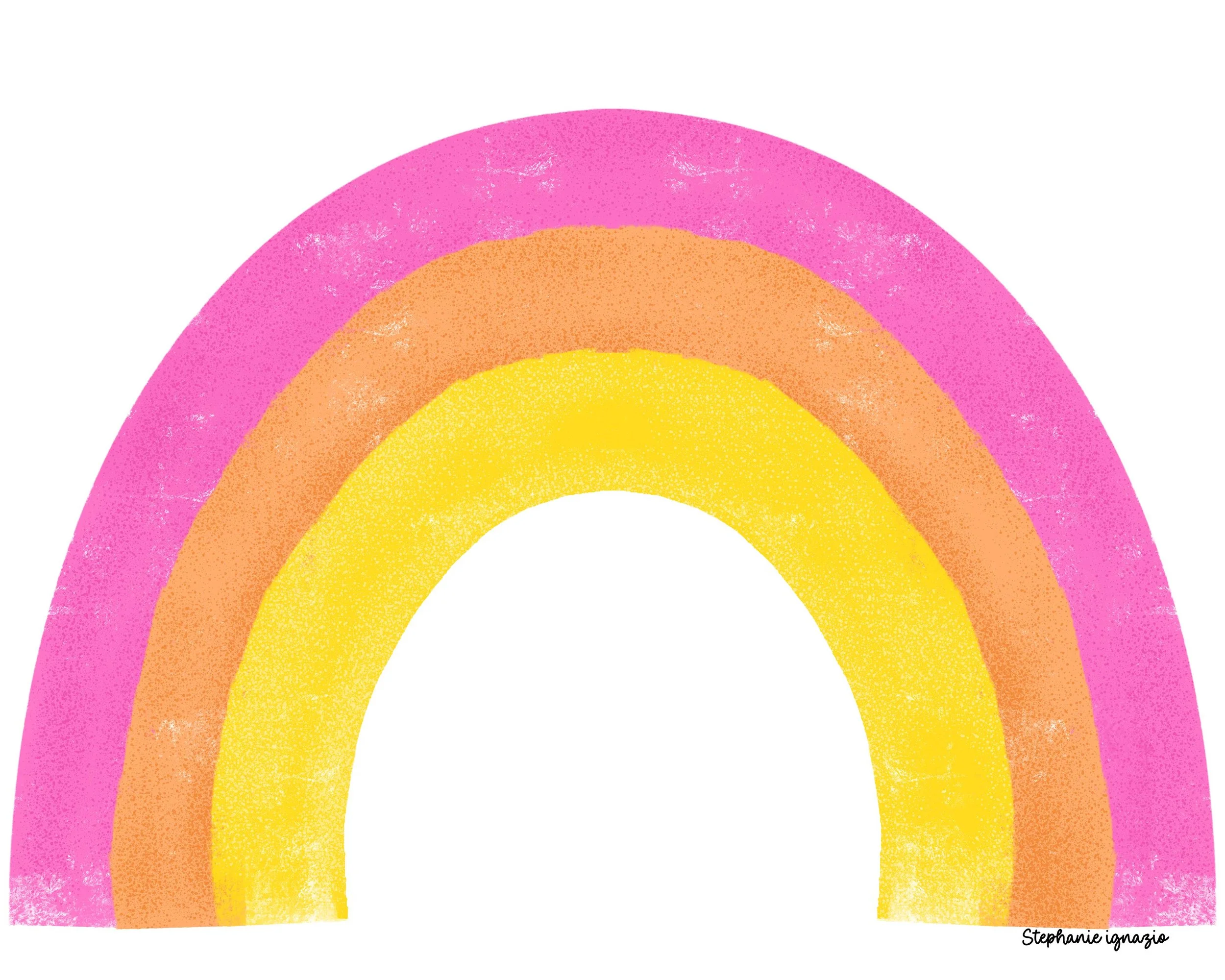 whimsical illustration of a handpainted rainbow in pink, orange and bright yellow