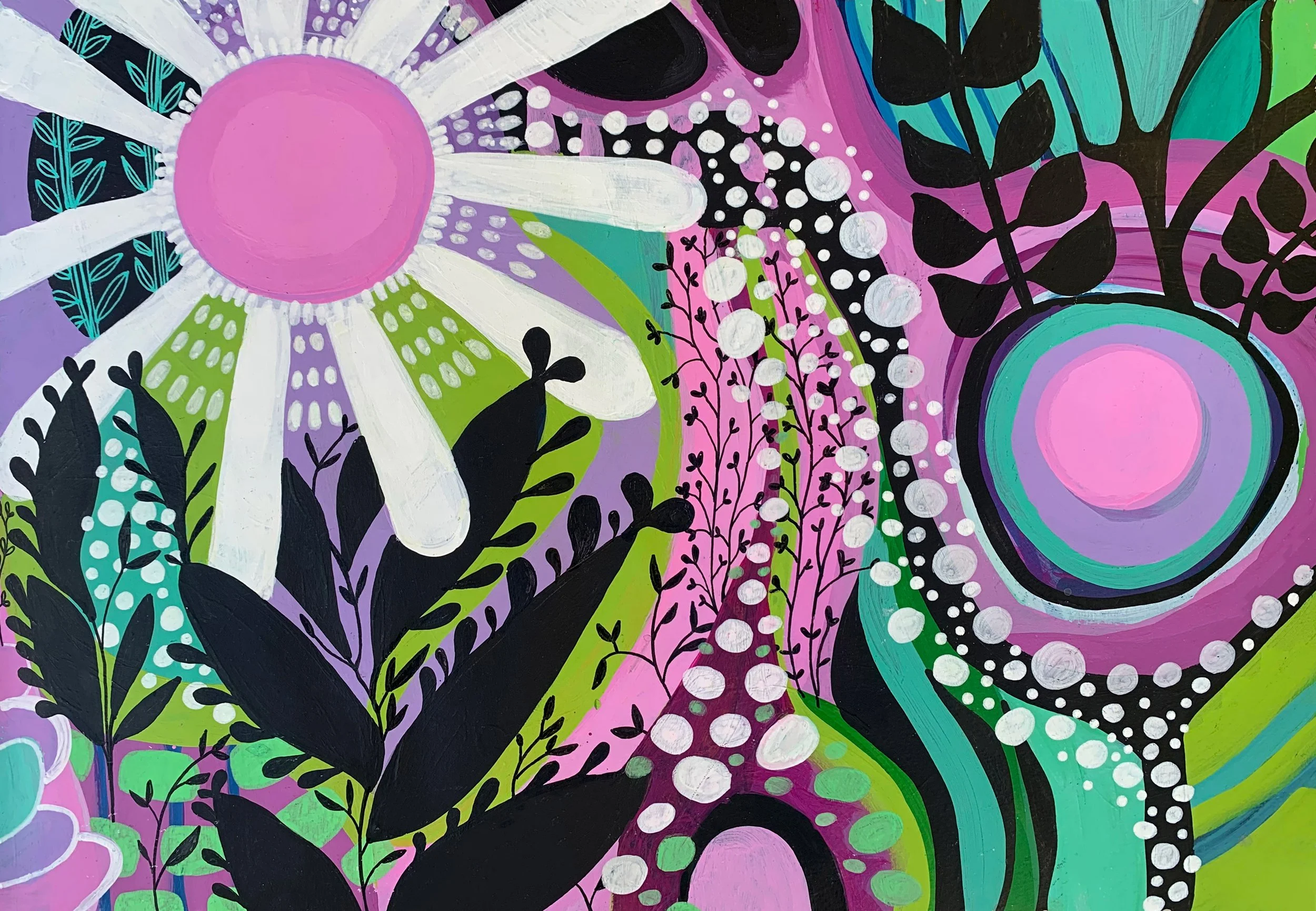 A colorful abstract painting featuring a large pink and purple flower, black leaf-like shapes, dotted white patterns, and swirling lines in shades of green, purple, and black.