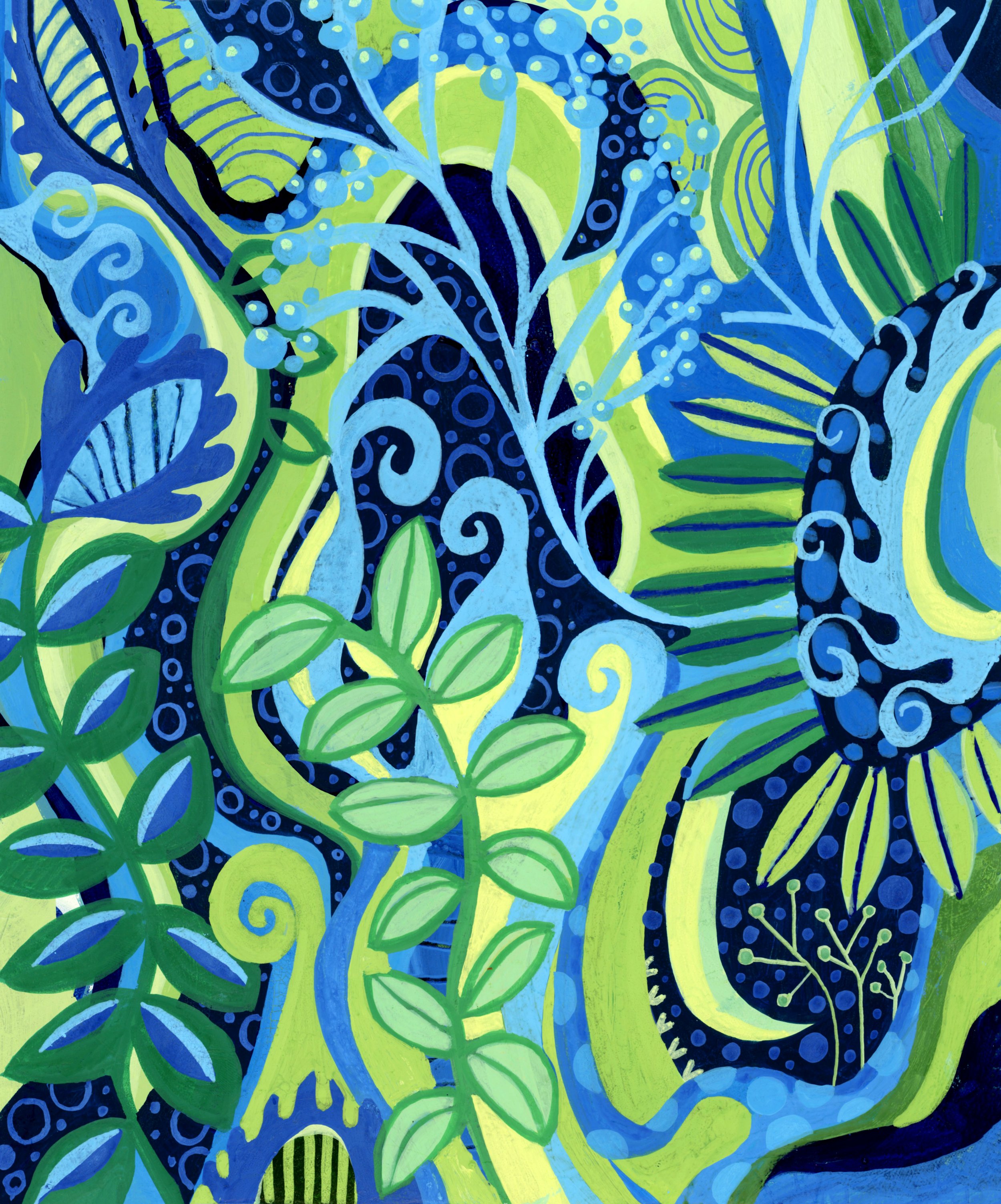 Lush intuitive abstract painting by Stephanie Ignazio featuring curling vines, leafy branches, berry-like dots, and layered botanical forms in cobalt blue, sky blue, lime green, and deep navy.