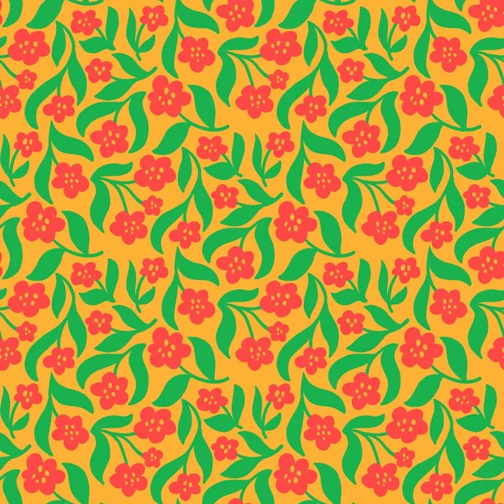 Colorful floral pattern with stylized flowers and leafy vines in turquoise, red, and green, designed as a coordinating fabric print.