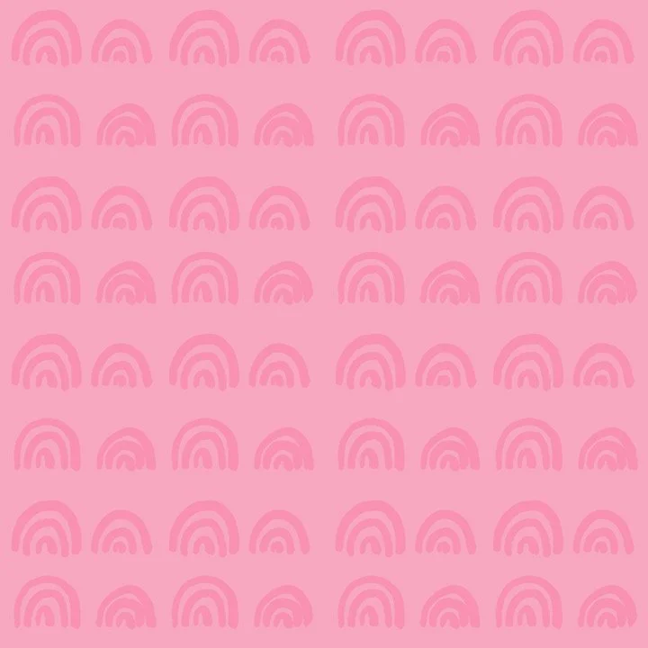 Bright rainbow arch pattern with repeating curved shapes in light pink tones, inspired by movement and balance, designed as a modern coordinating fabric.