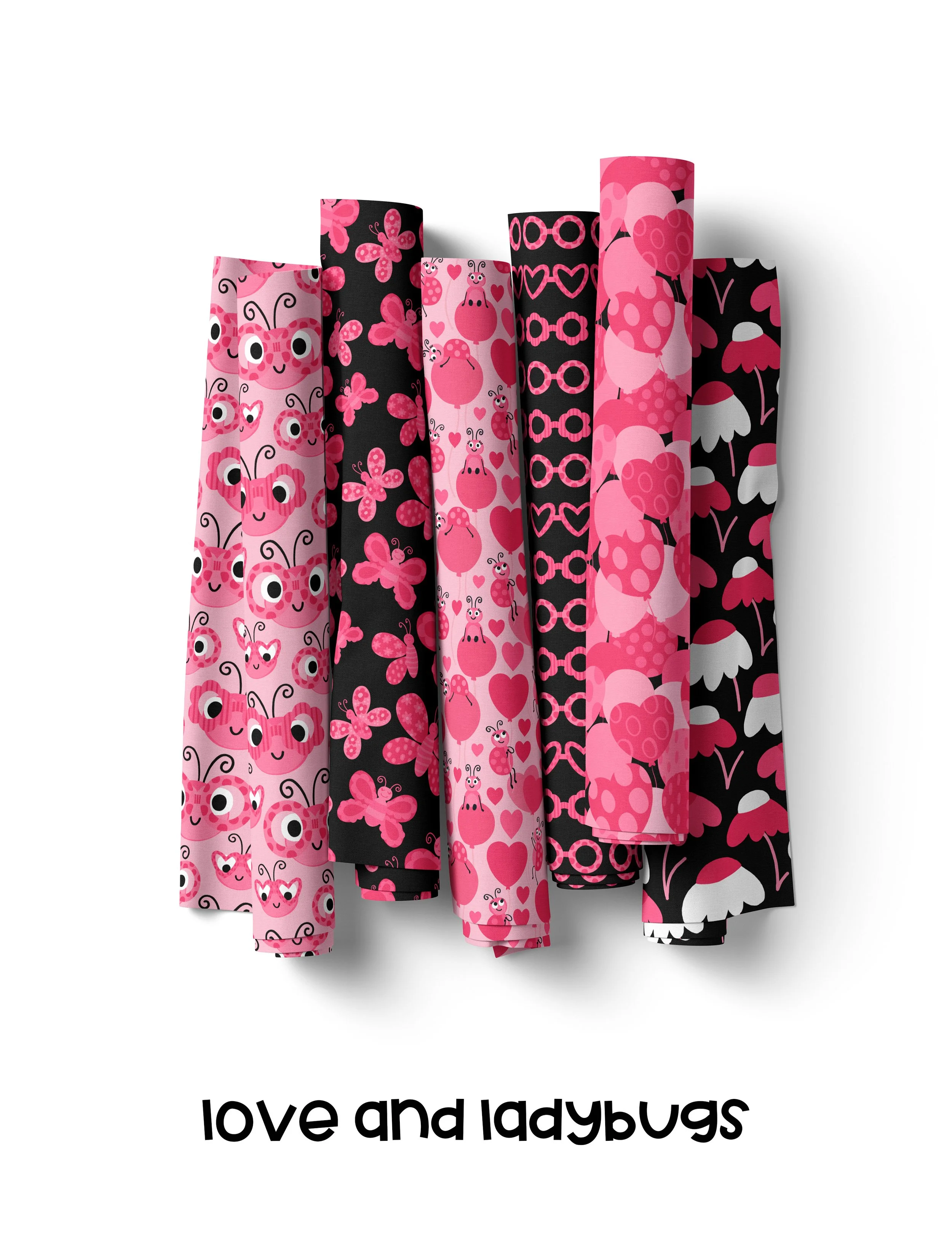 6 rolls of fabric featuring ladybugs, butterflies, balloons and florals in a color palette of fresh pinks, rosey reds and black and white