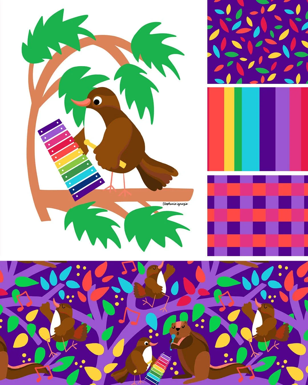 illustration features a brown bird playing a rainbow xylophone in a tree. Coordinating patterns include a beaver singing into a microphone, rainbow stripes, purple plaid, and colorful confetti leaves.