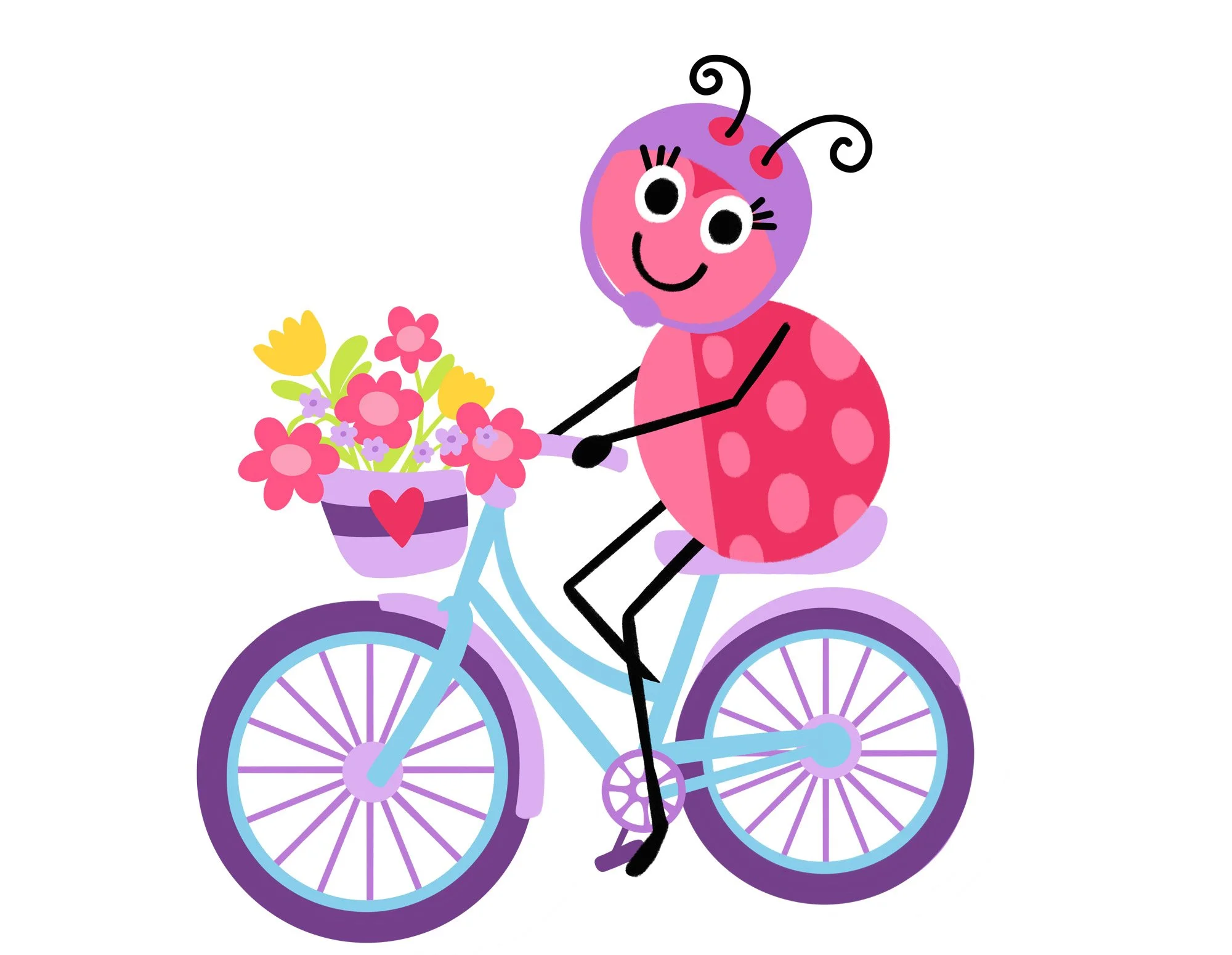 A cheerful cartoon ladybug riding a blue bicycle with a basket of colorful flowers.