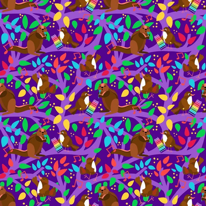 Whimsical woodland animal pattern with squirrels and birds playing music, colorful leaves, and musical notes on a purple background, designed for children’s fabric and surface pattern licensing.