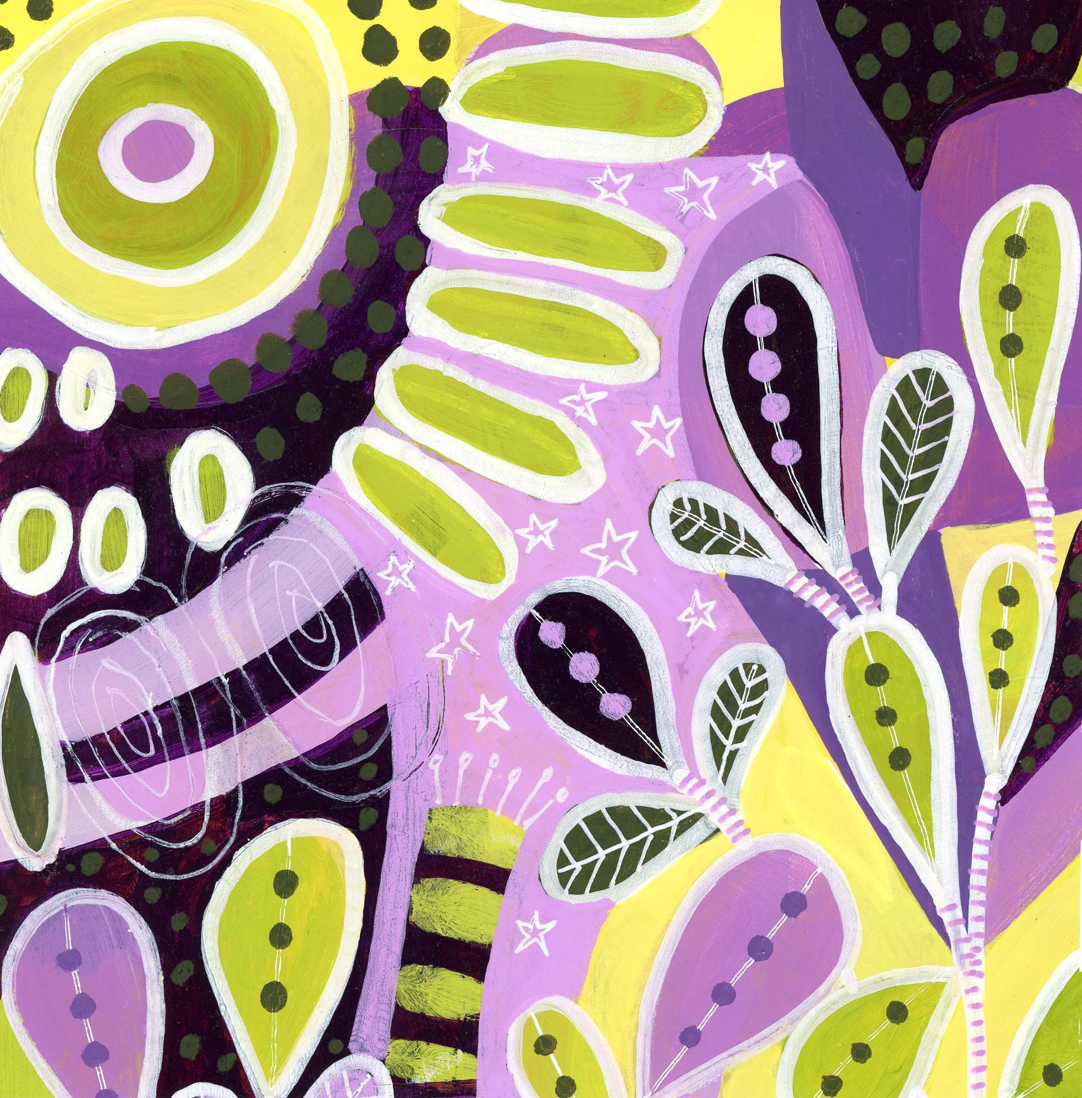 Abstract floral artwork with purple, yellow, green, black, and white colors, stylized leaves, flowers, and shapes.