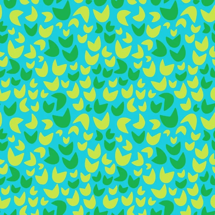 Colorful lily pad pattern with stylized leaves and floating shapes in turquoise, green, and pink, designed as a coordinating fabric print.