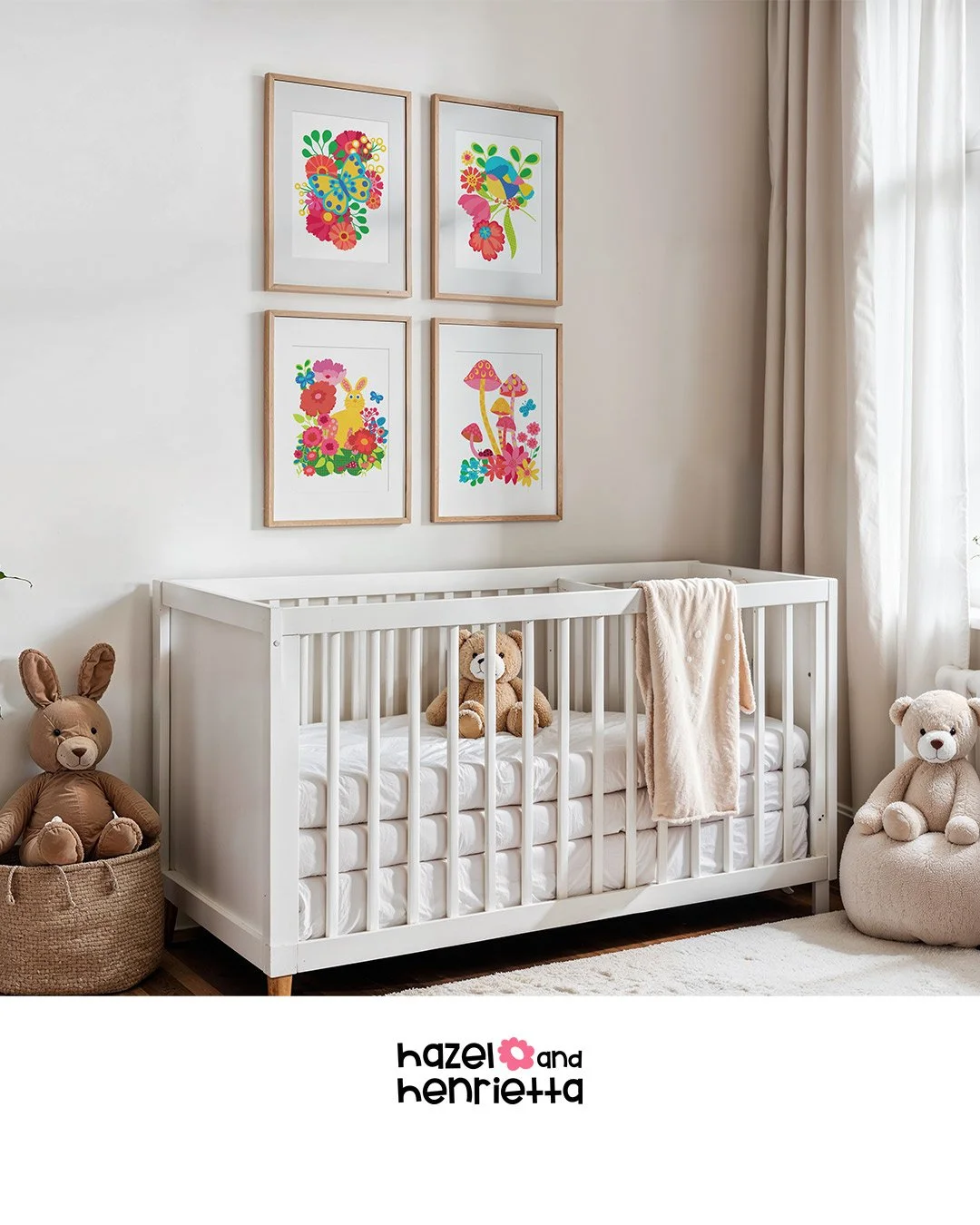 A nursery room with a white crib, teddy bears, colorful wall art featuring flowers, a bunny, and mushrooms, and a window with white curtains.