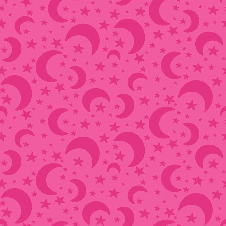 Moon and star pattern featuring crescent moons and scattered stars on a pink background, inspired by calm nighttime themes and playful imagination.