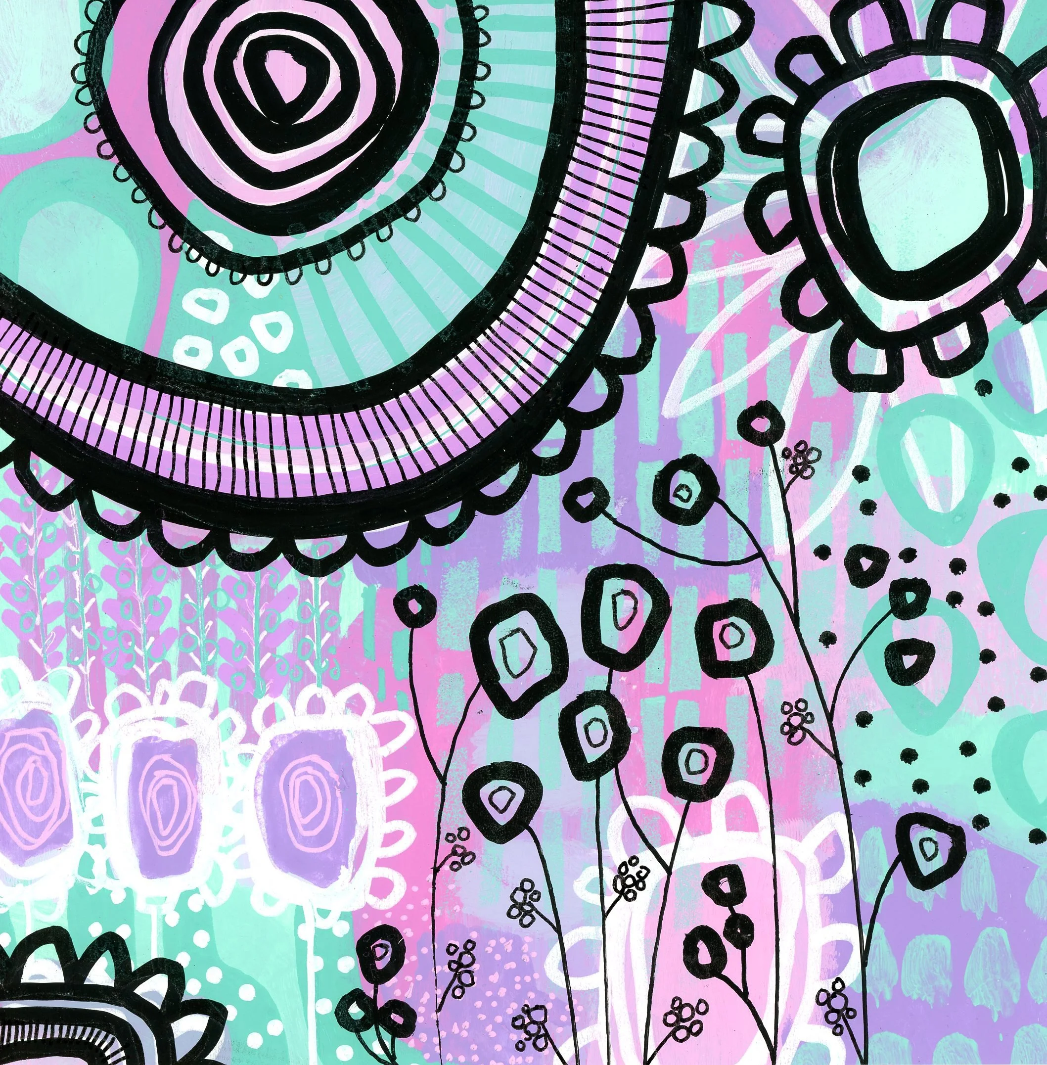 Abstract, colorful drawing featuring large, concentric circles, floral patterns, and dotted lines in pastel shades of purple, teal, pink, and black.