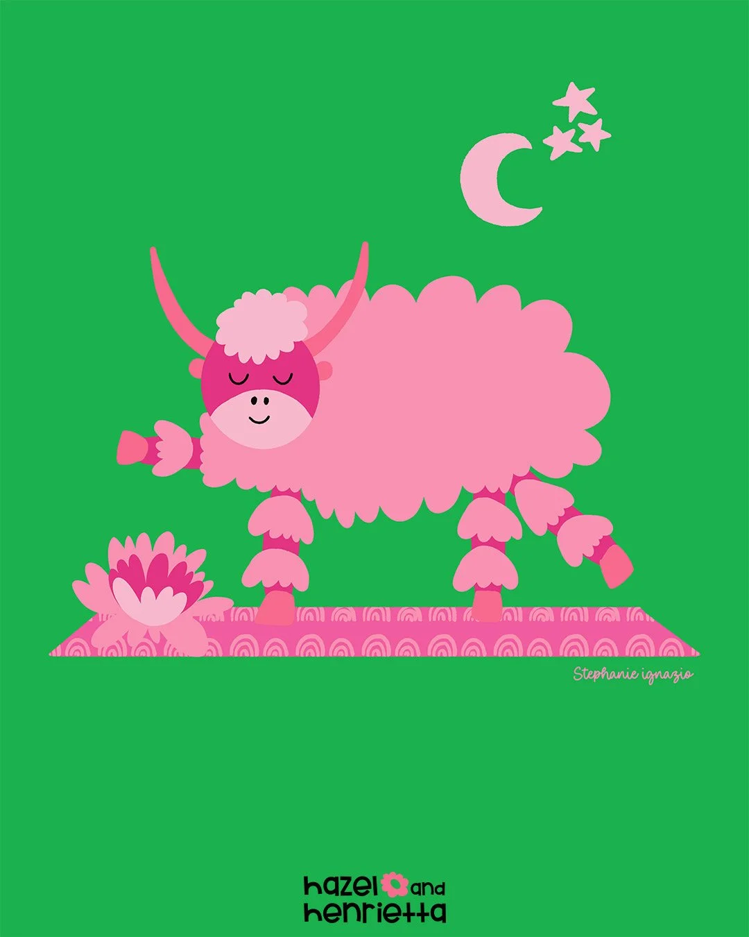 peaceful adn playful cartoon illustration of pink toned yak doing yoga pose on rainbow patterned yoga mat with lotus flower and crecent moon and stars