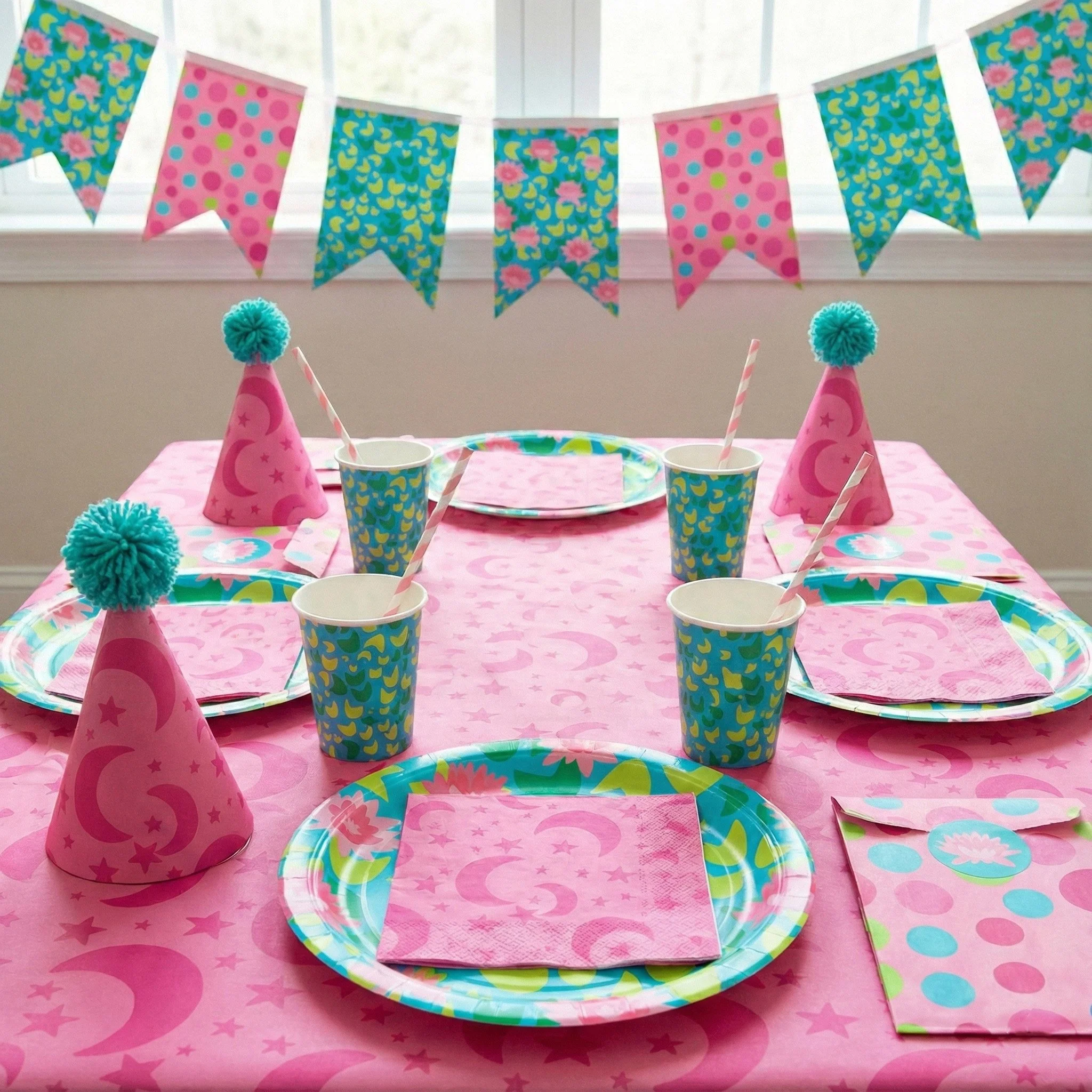 Yak-a-Doodle Yoga surface pattern designs styled as children’s party tableware and decorations, featuring lotus florals, moon and star motifs, cheerful polka dots, and coordinating bunting for playful celebrations and licensed party goods.