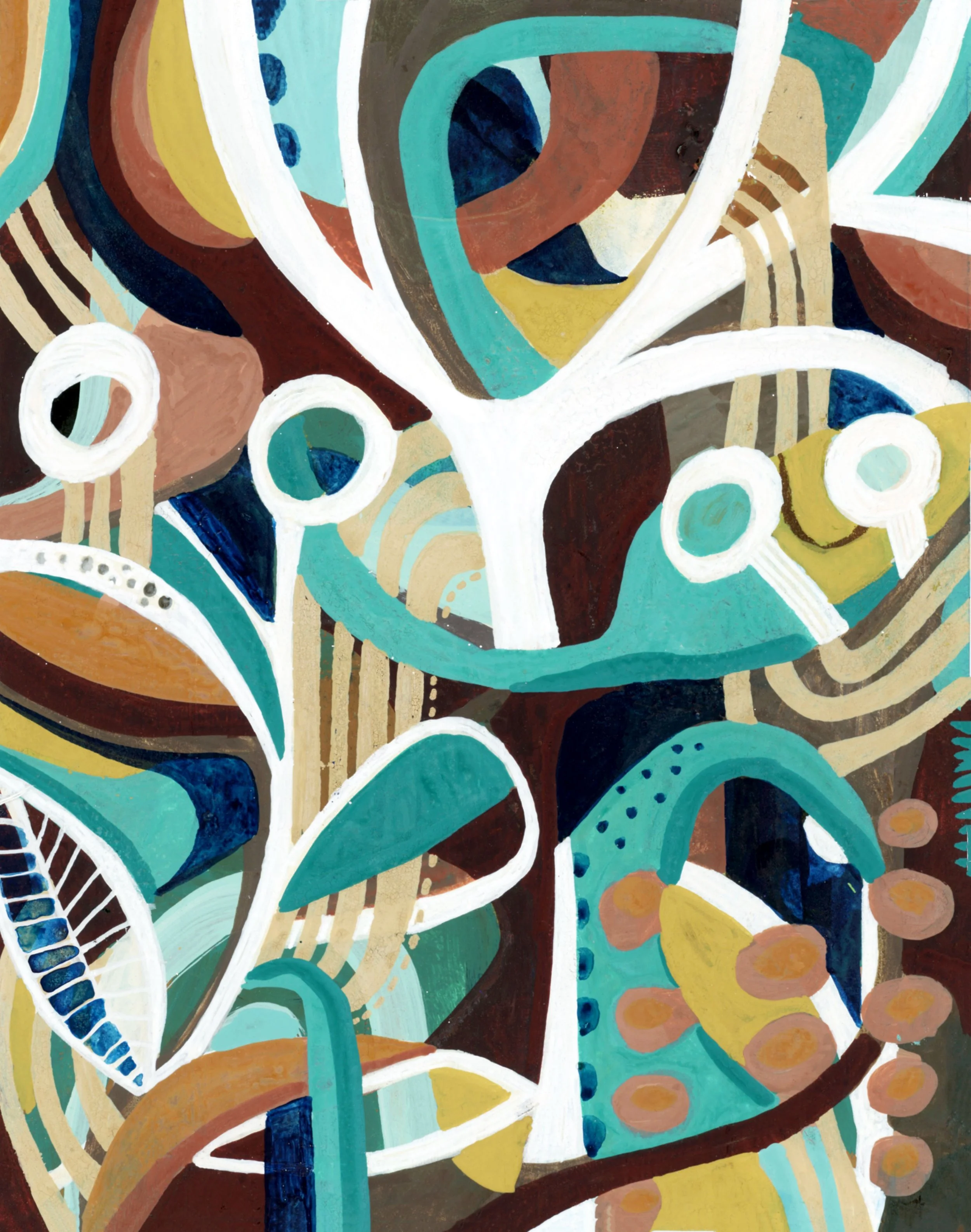 Intuitive abstract painting by Stephanie Ignazio featuring bold white branching forms, layered leaves, circles, and flowing patterns in turquoise, navy, rust, mustard yellow, brown, and cream.