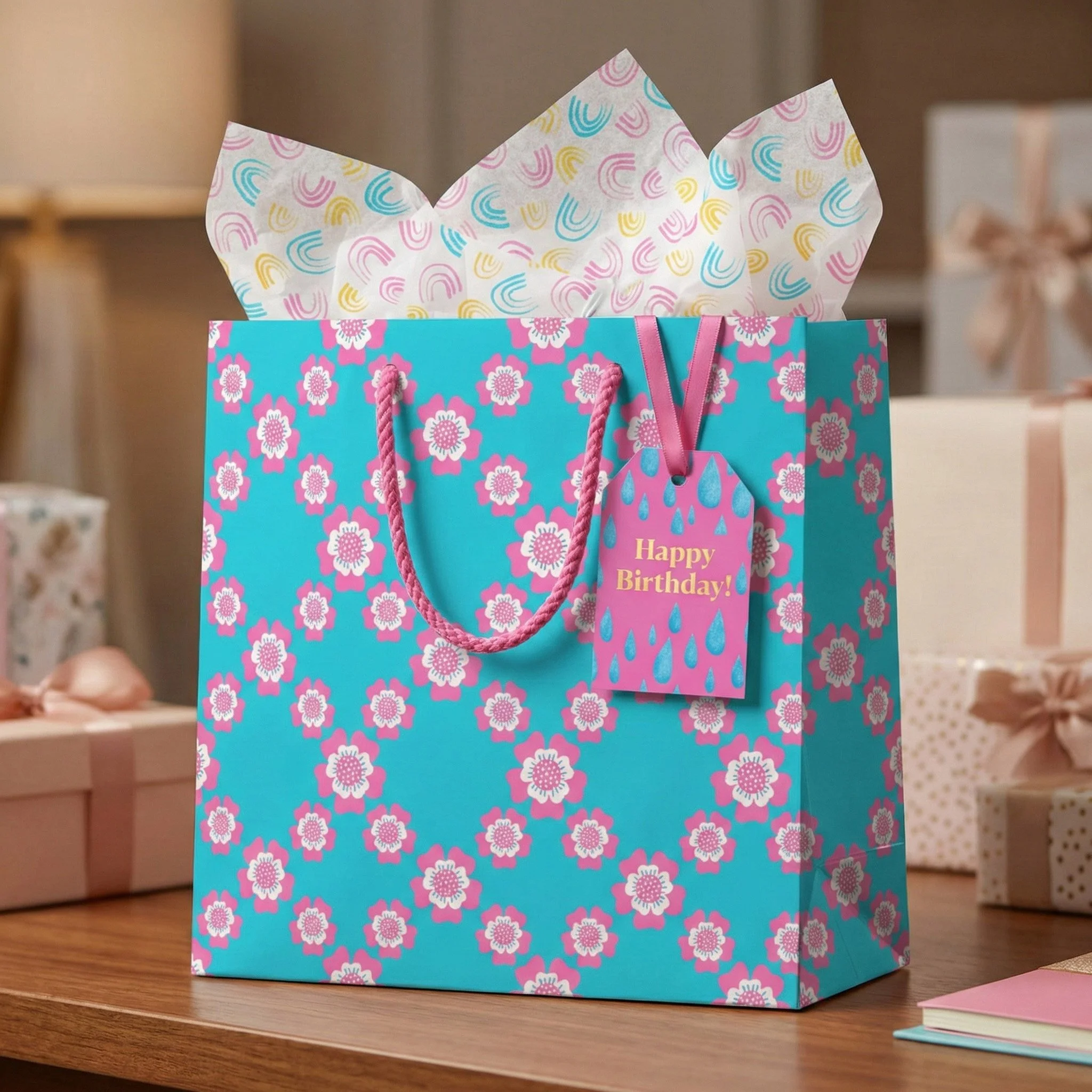 Floral gift bag featuring colorful patterned design with multi color rainbow tissue paper and birthday tag
