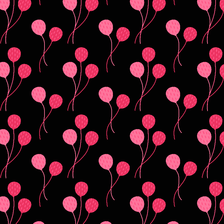 Pattern of pink flowers with rounded petals and thin stems on a black background.