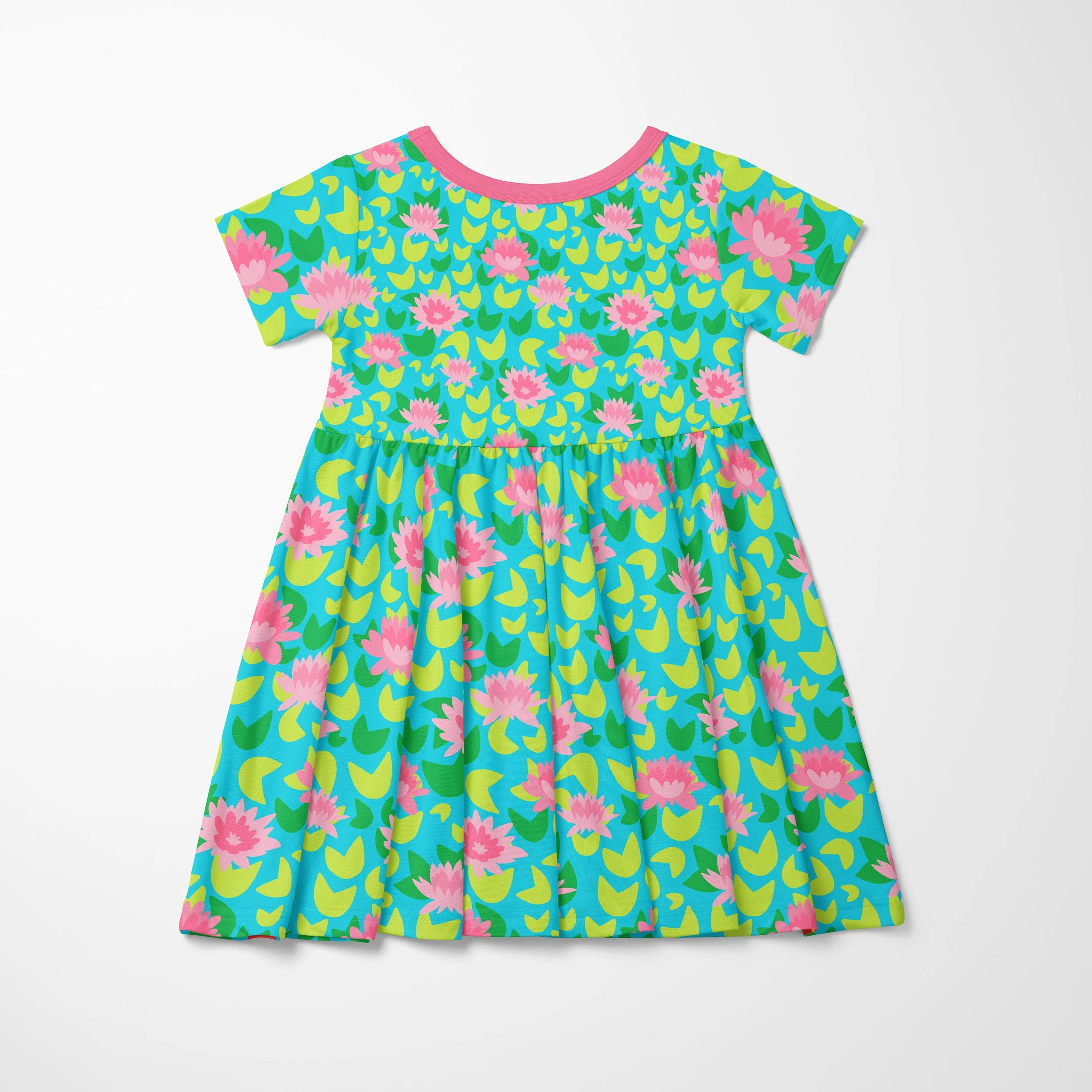 lotus flower lily pad dress for little girls and pastel tones of light green and turquoise with pops of pink