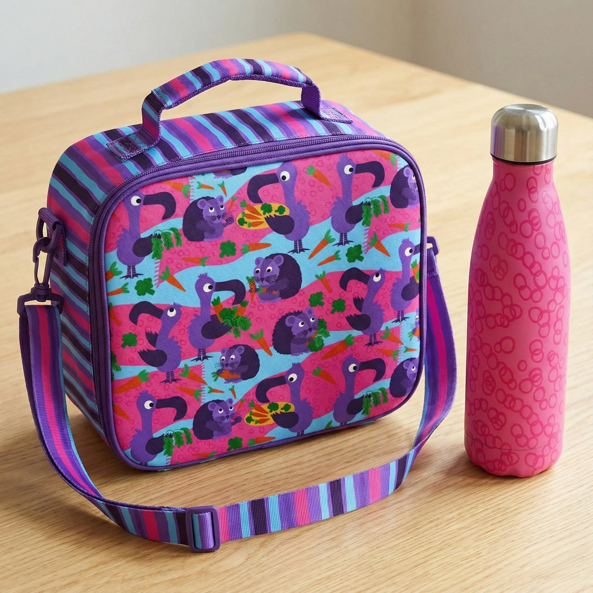 Playful kids lunch bag design featuring whimsical animals enjoying colorful vegetables, paired with coordinating stripes and bright pink accents. This cheerful, food-themed pattern is perfect for children’s lunch boxes, backpacks, water bottles, scho