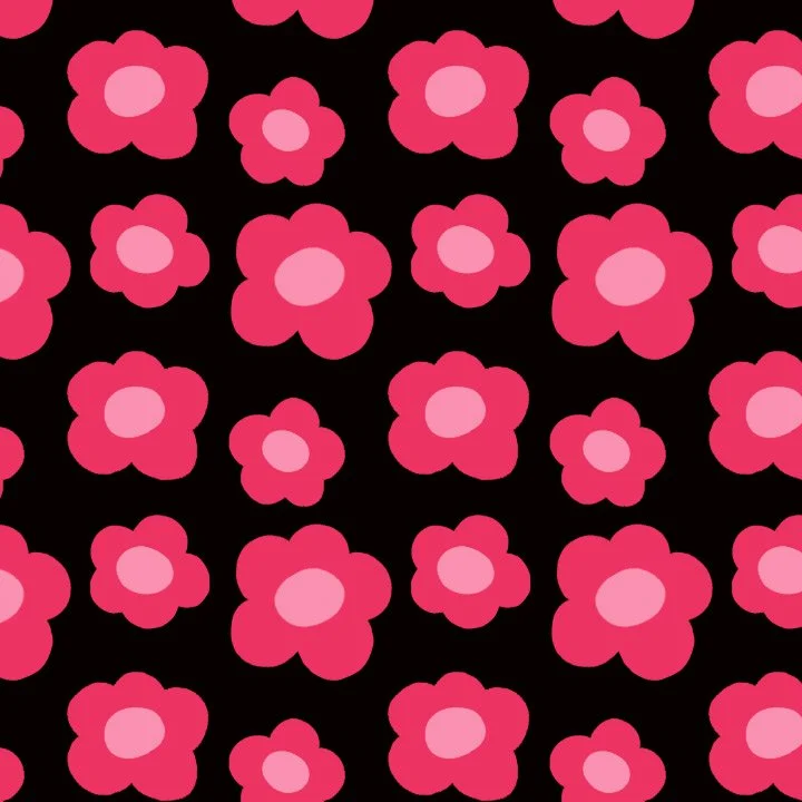 Pattern of pink and red cartoon flowers on black background.