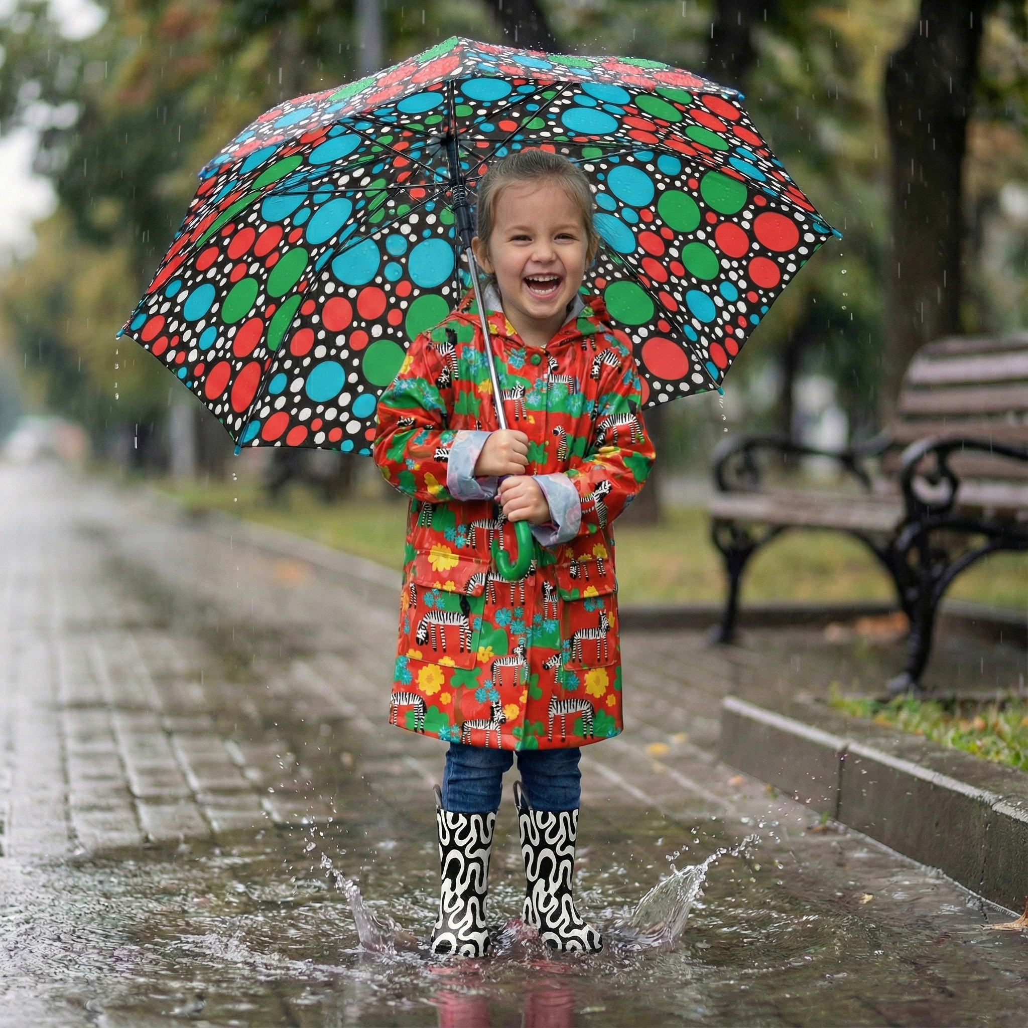 little girl wearing a zebra patterned raincoat, black and white funky swirl pattern rainboots and a polka dot umbrella