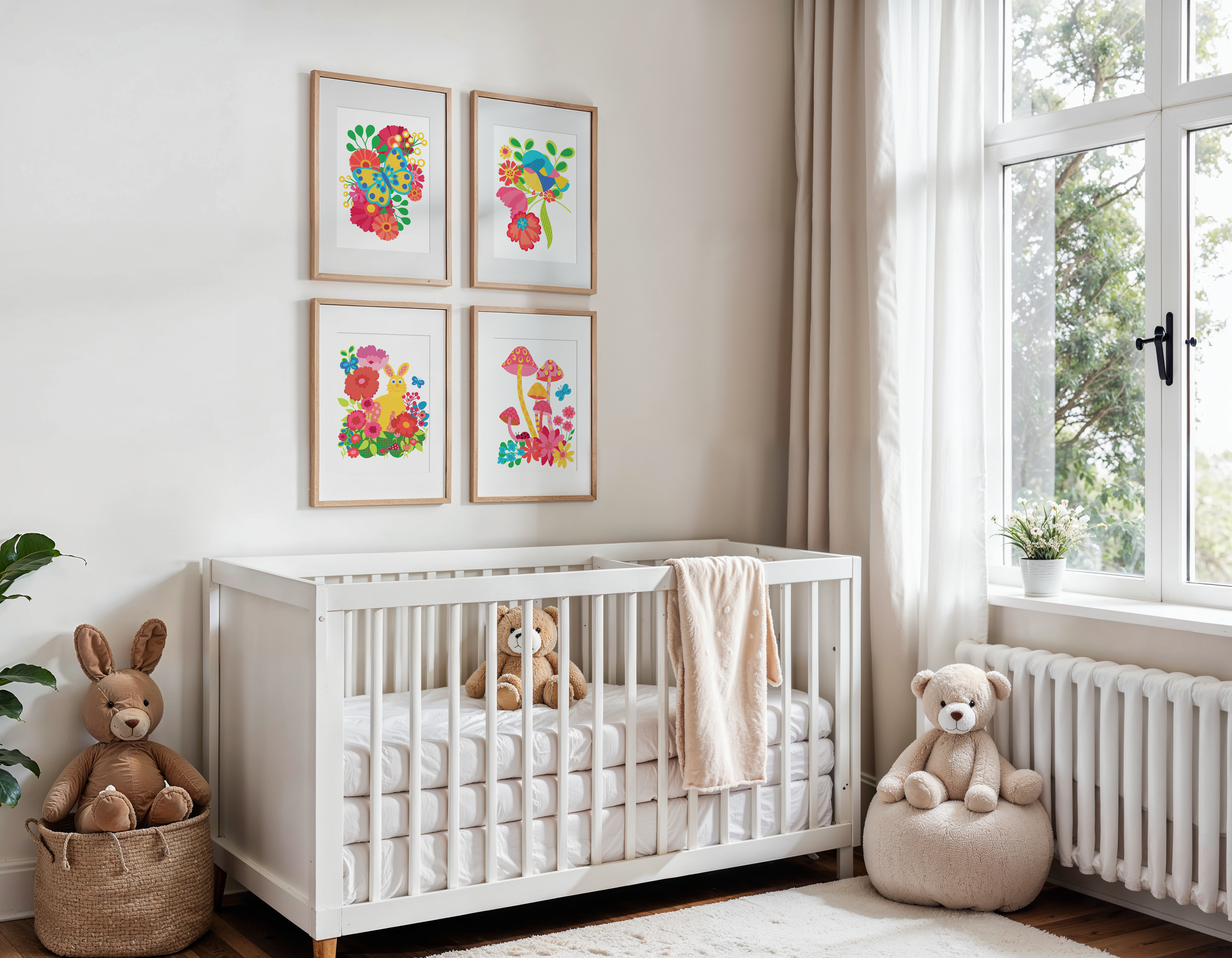 grouping of four coordinated art prints featuring bunnies, birds, butterflies and mushrooms in bright colors with fun whimsical florals shown in a baby's room above the crib