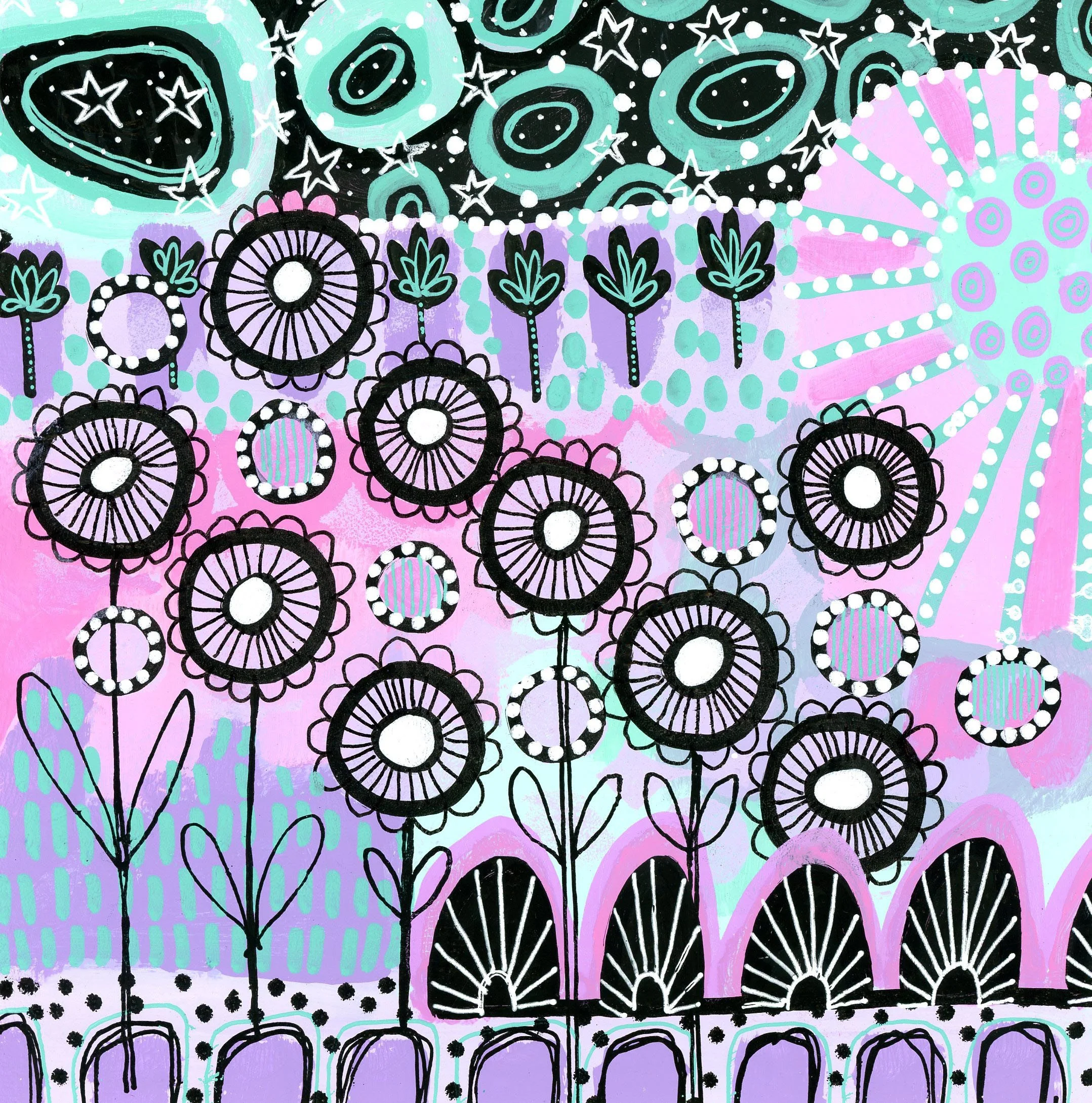 Colorful abstract illustration of flowers, stars, and circular patterns with a pastel pink, purple, green, and blue background.