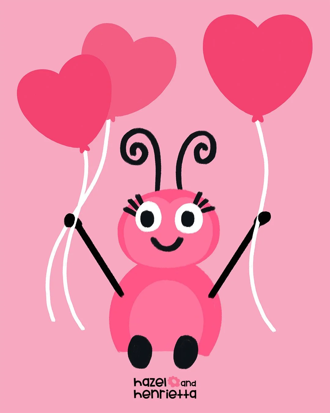 A cute pink cartoon ladybug with big eyes and a smiling face, holding three pink heart-shaped balloons on a pink background. The text 'hazel and henrietta' is written at the bottom.