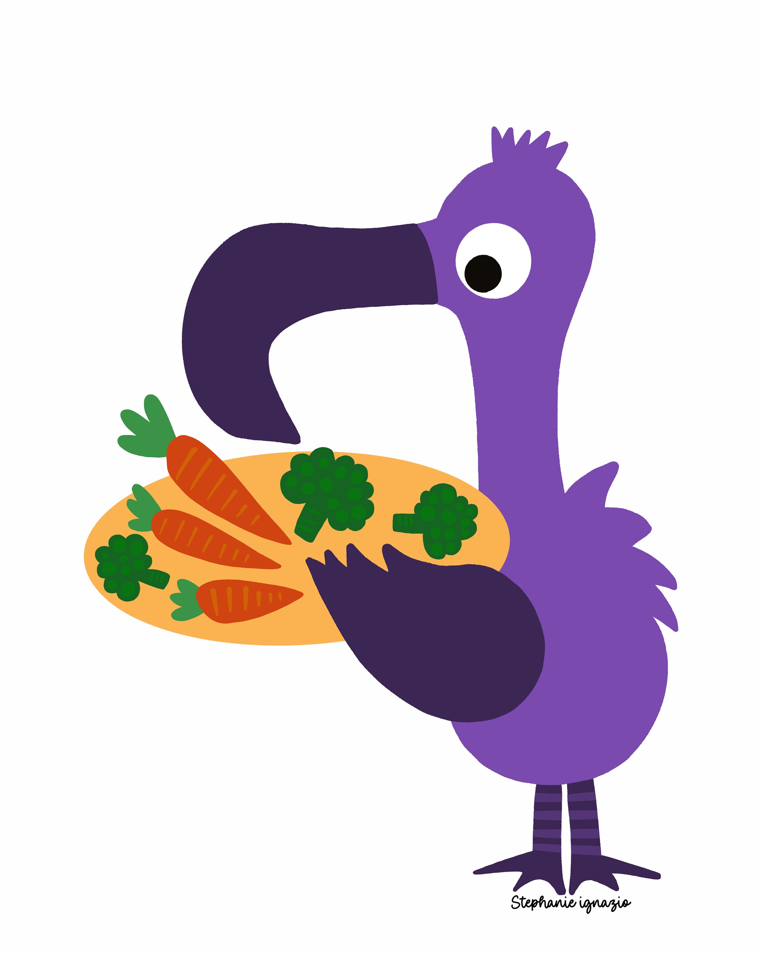 Whimsical vegetable-themed character illustration featuring a playful purple vulture serving a tray of carrots and broccoli. Designed as a hero placement illustration for children’s products, this cheerful artwork is ideal for apparel, kitchen textil
