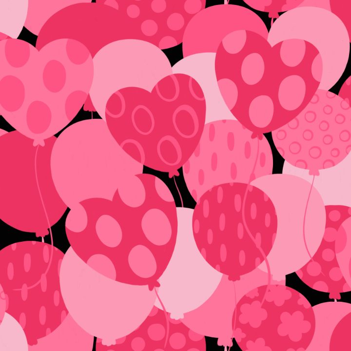 A collection of pink and red balloons with various polka dot and floral patterns.