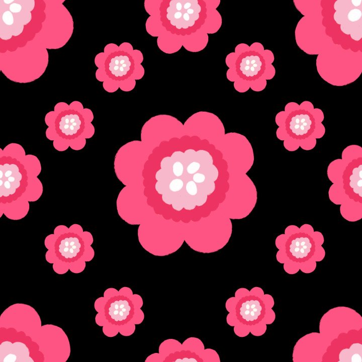 Pattern of pink flowers with white centers on a black background.