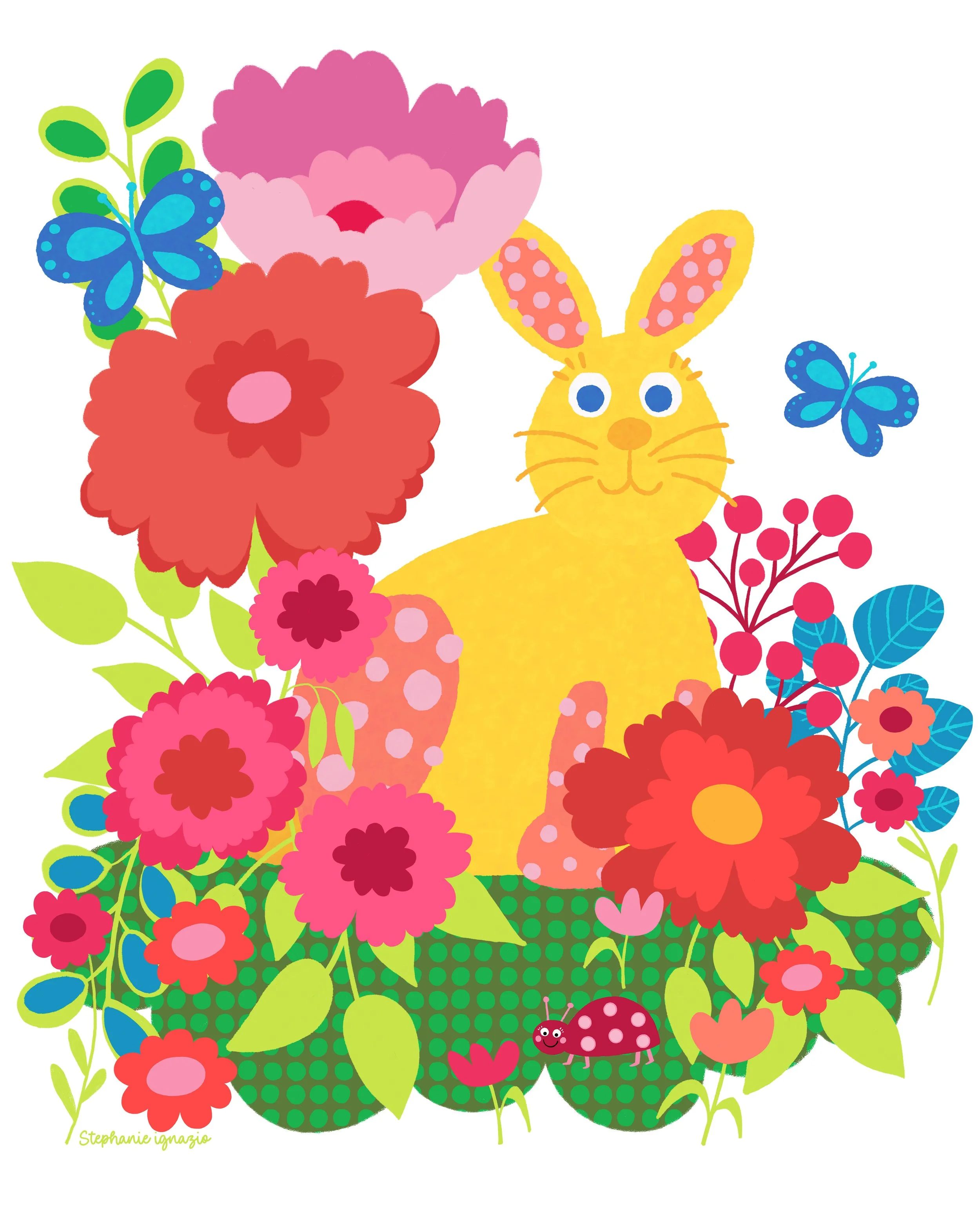 A colorful illustration of a yellow bunny surrounded by pink, red, and blue flowers, green leaves, two blue butterflies, and a pink ladybug on the ground.
