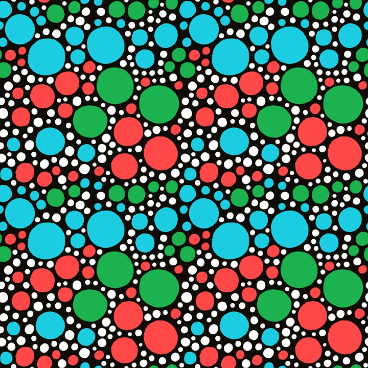 Playful polka dot fabric pattern with bold, colorful circles on a black background, designed for children’s apparel and quilting.