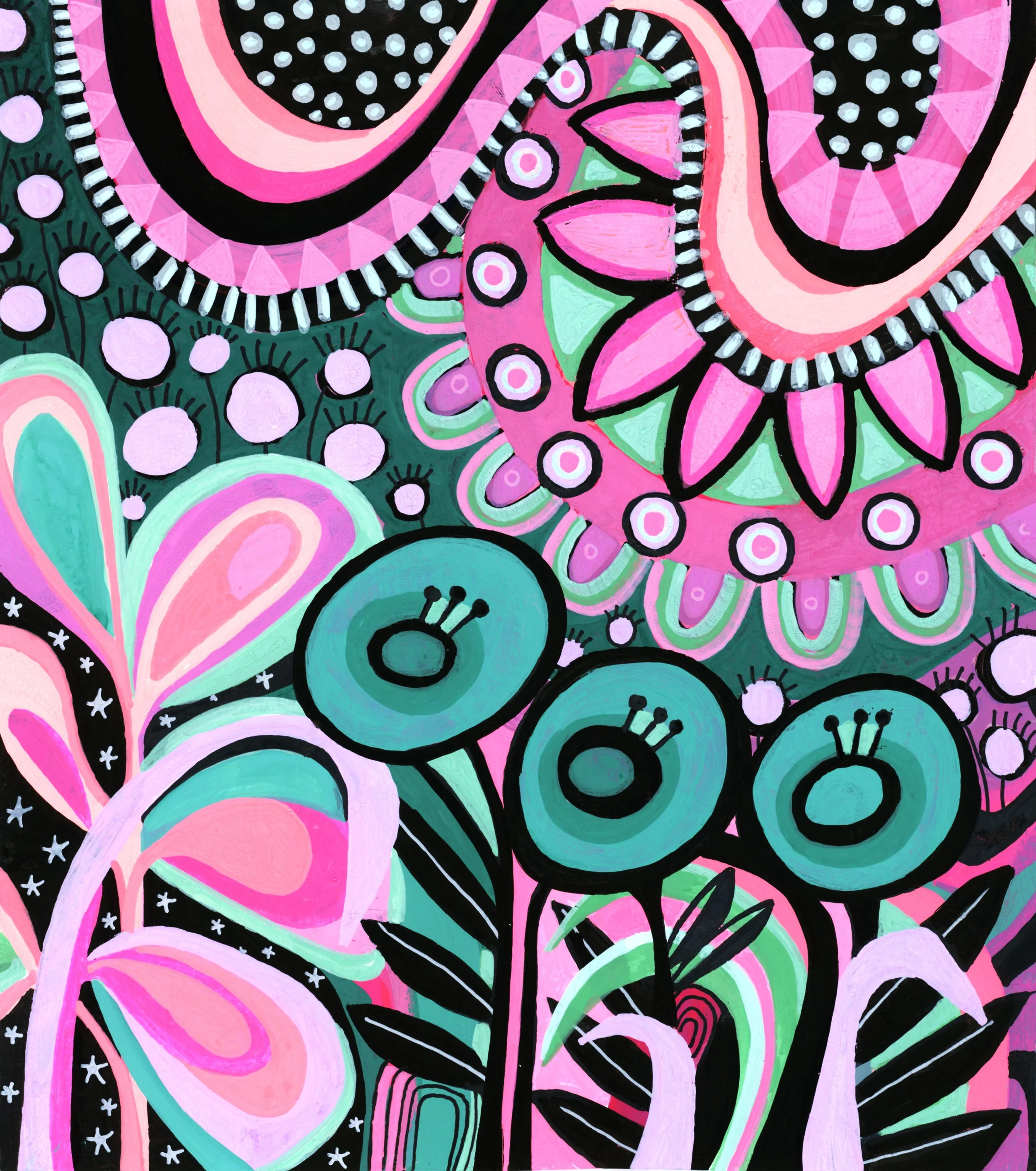 Playful intuitive abstract painting by Stephanie Ignazio featuring bold circular flowers, layered petals, leafy forms, dots, and intricate patterns in hot pink, teal, mint, lavender, and black.