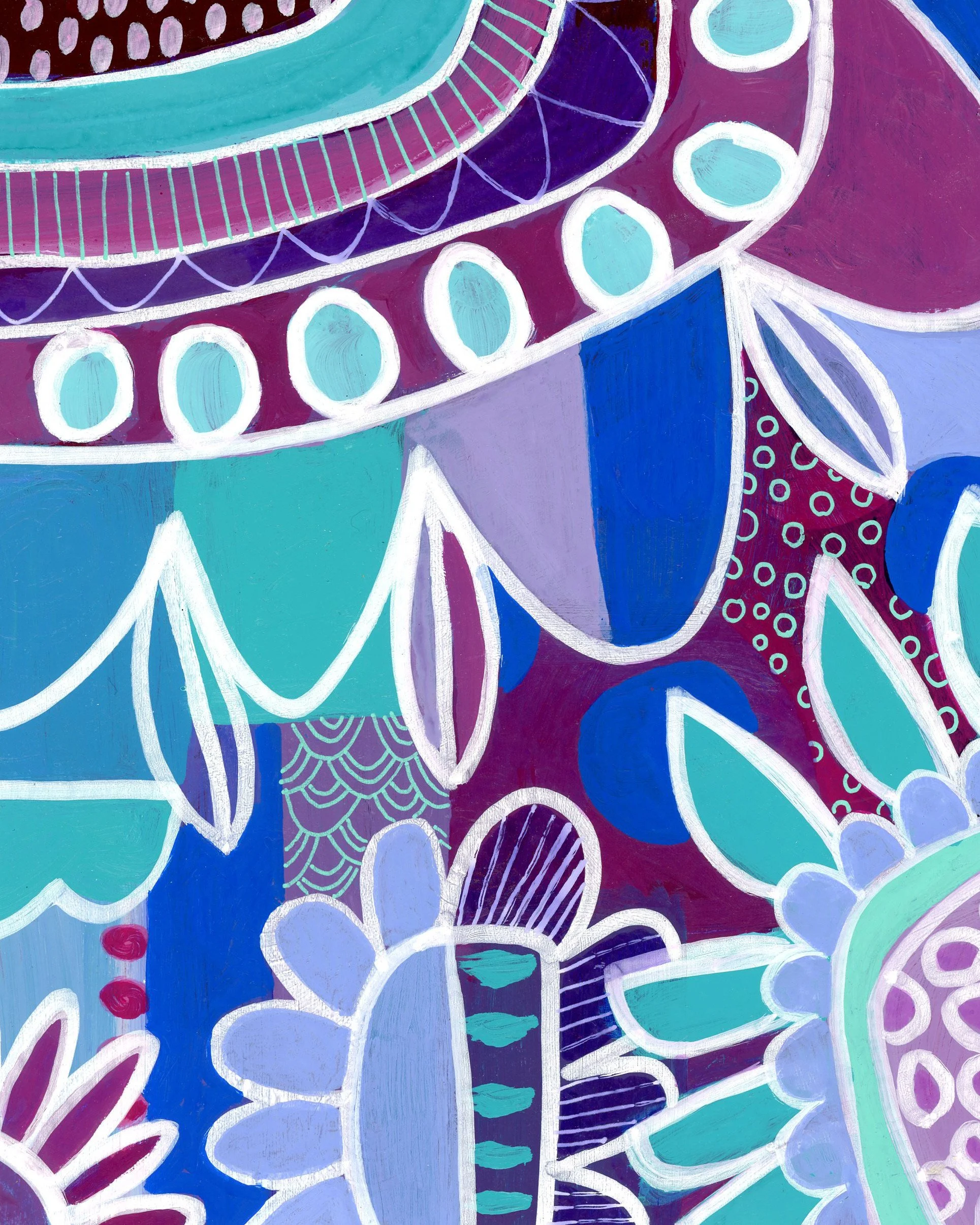 Close-up of an abstract, colorful, floral mural with blue, purple, turquoise, pink, and white patterns and shapes.