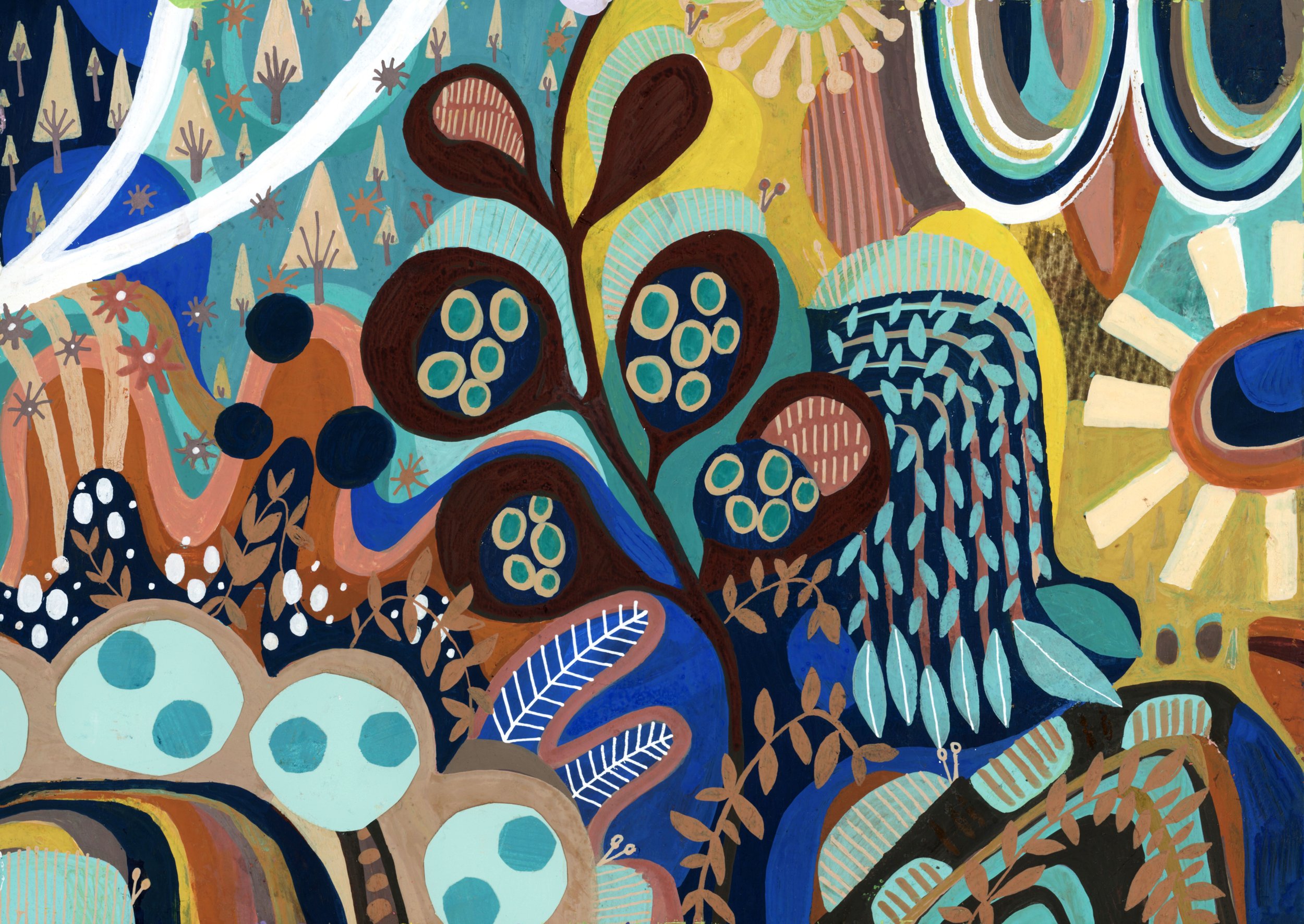 Colorful intuitive abstract painting by Stephanie Ignazio featuring layered botanical shapes, leaves, trees, flowers, and playful patterns in turquoise, cobalt blue, golden yellow, rust, and brown.